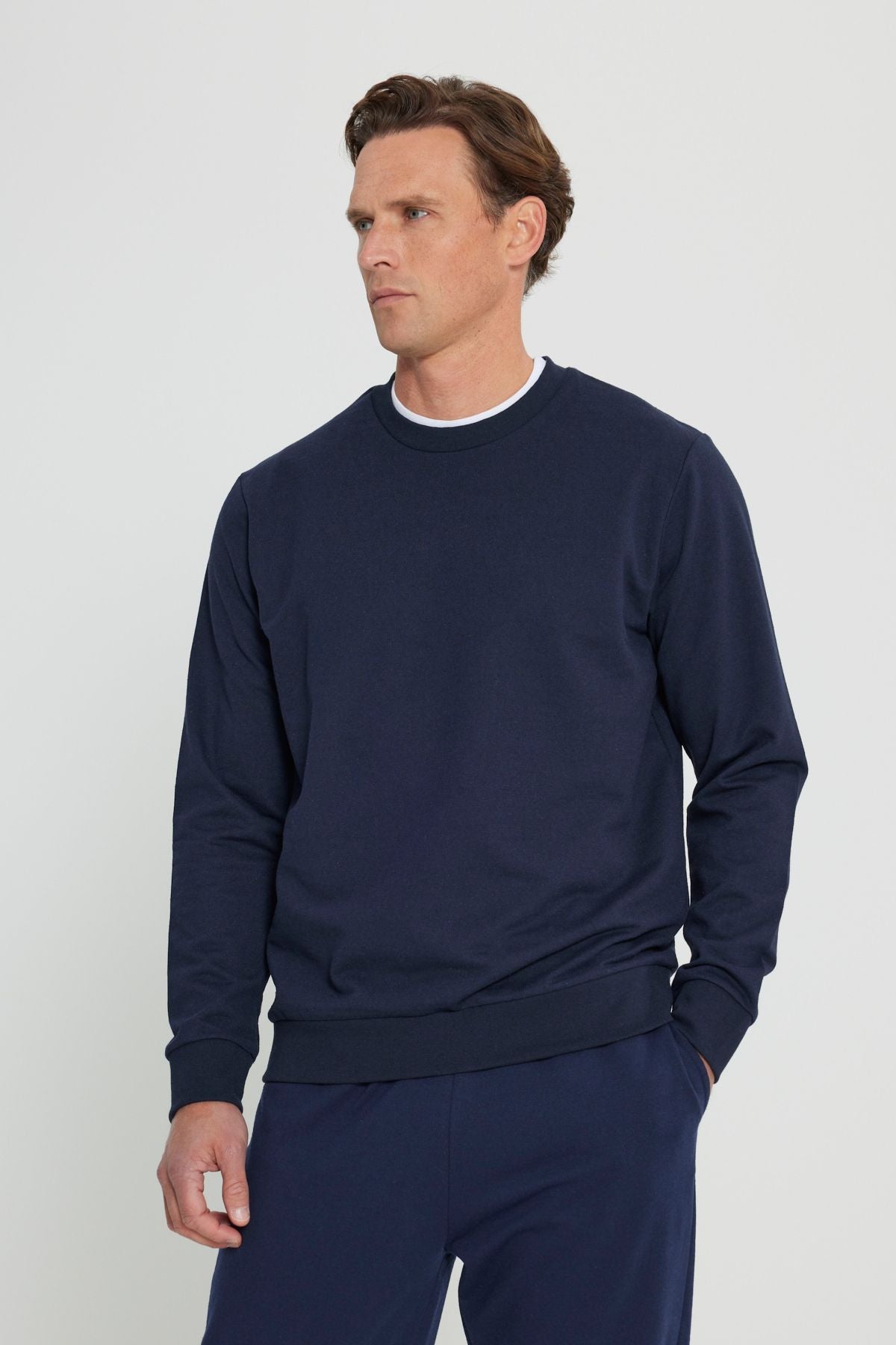 Men's Navy Blue Standard Fit Normal Cutting 2 Yarn Cotton Bike Collar Sweatshirt