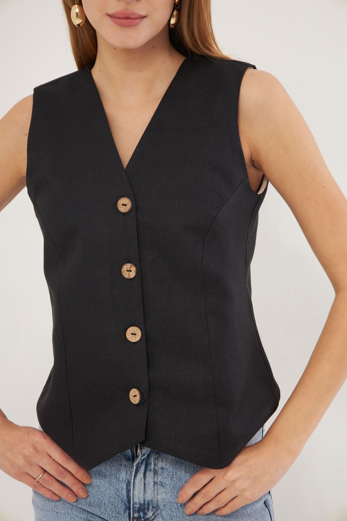 Female Black V-Neck Sitting on the Body Linen Lined Vest ARM-24Y001111