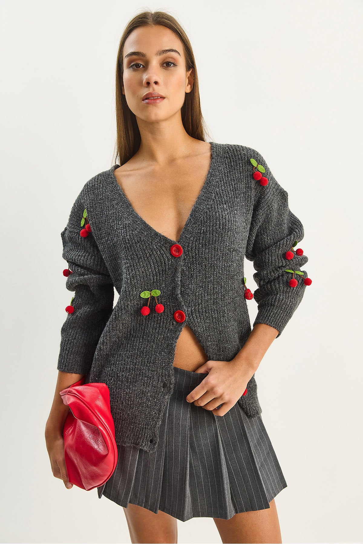 Women's V-Neck Cherry Accessory Knitwear Cardigan 60283662