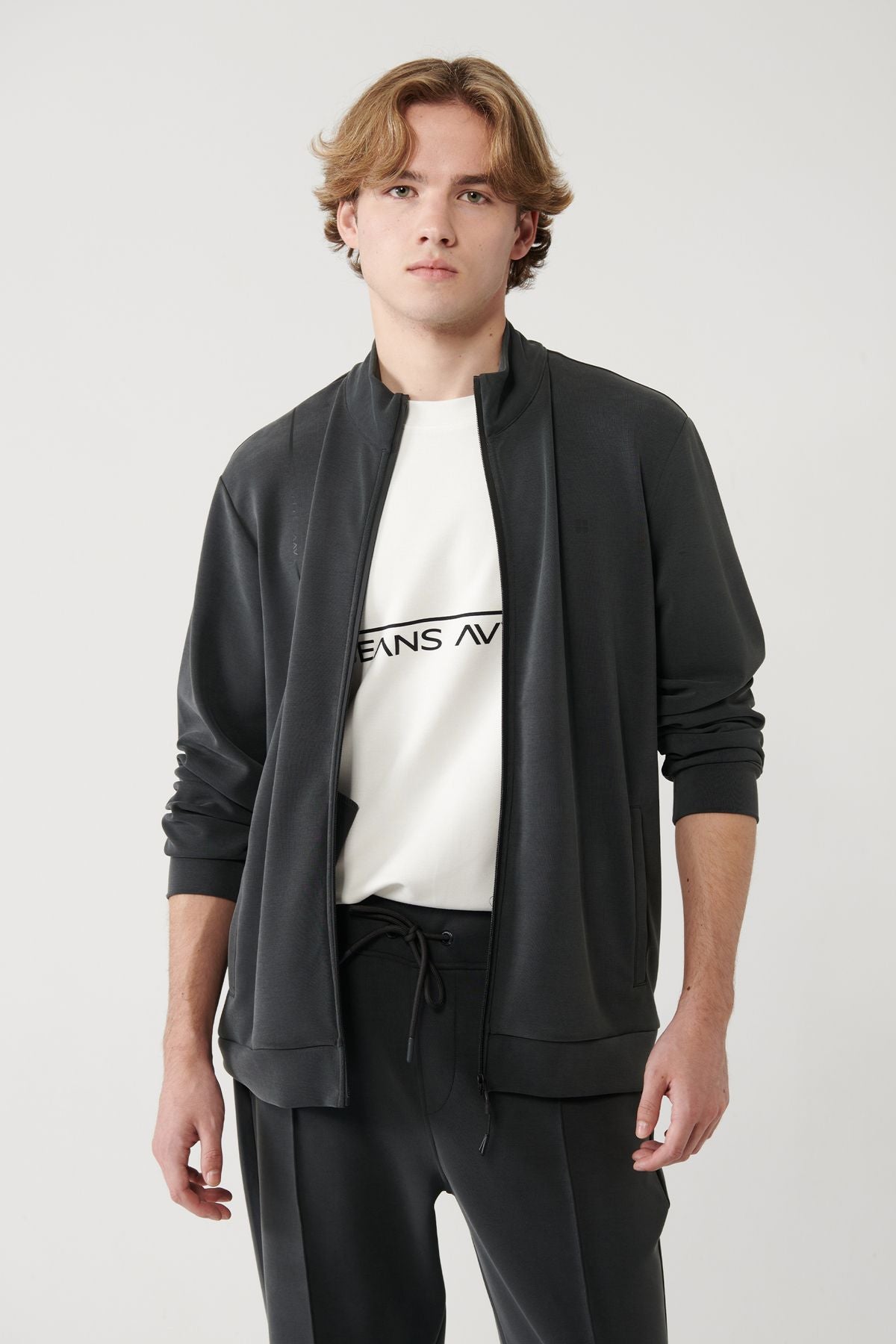 Men's anthracite upright collar printed soft touch printed sweatshirt A41y1225