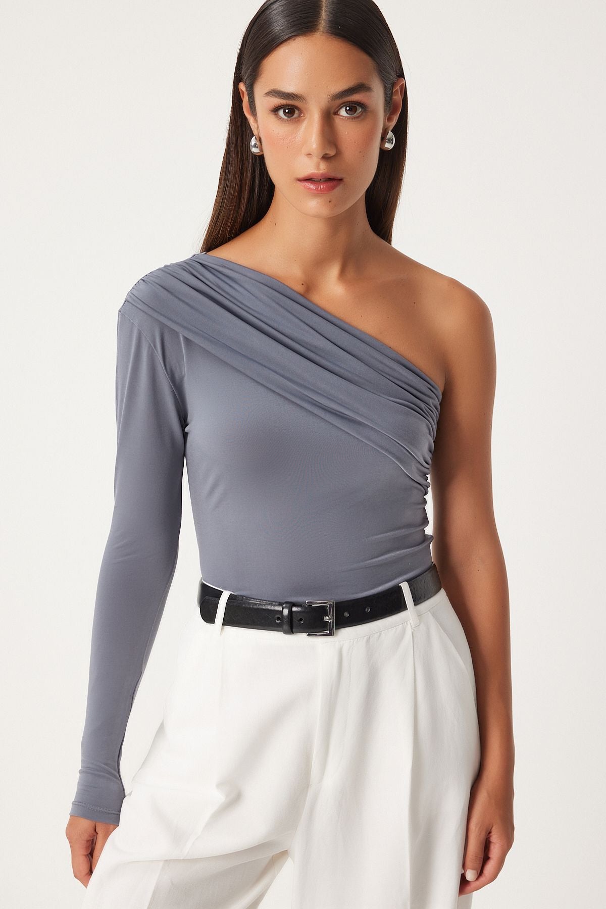 Women's Gray Single Shoulder Shirring Detailed Knitting Blouse ZH00032