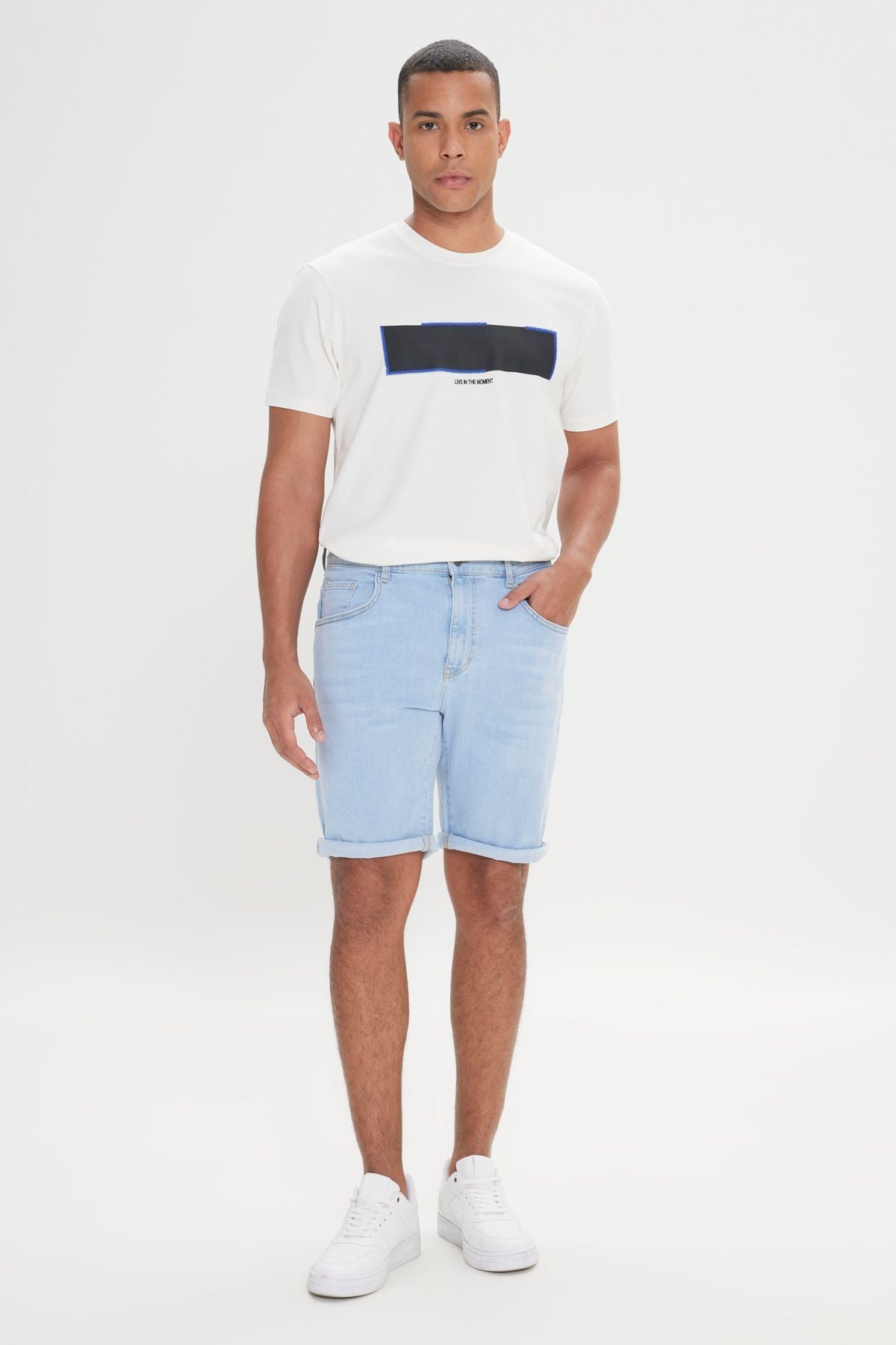 Men's light blue slim fit narrow cut cotton flexible denim shorts