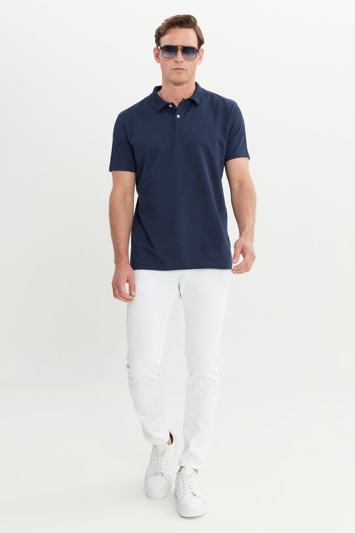 Men's navy blue cotton slim fit narrow cut polo collar t -shirt