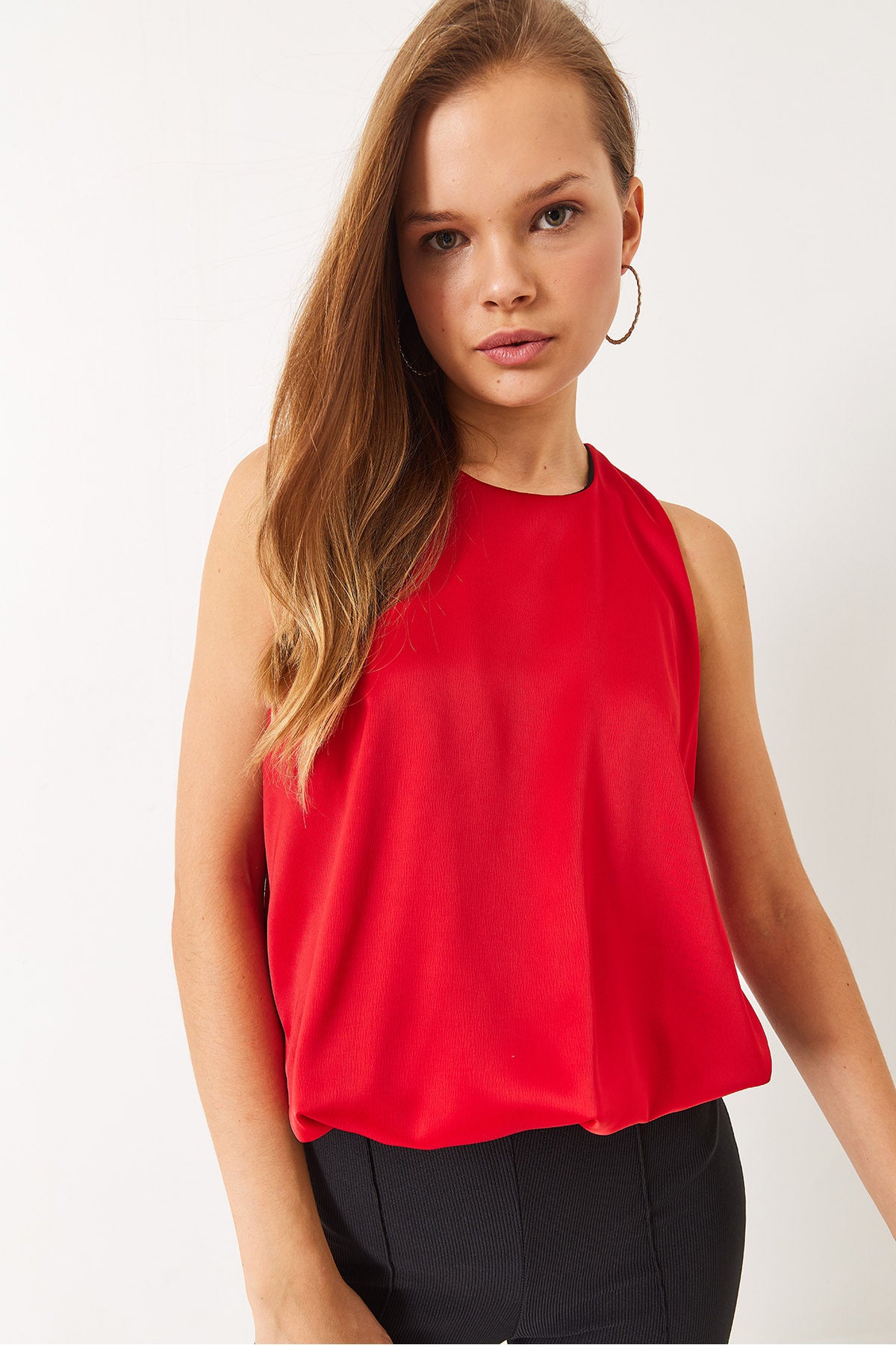 Women's Balloon Satin Blouse with Elastic Hem 60283004