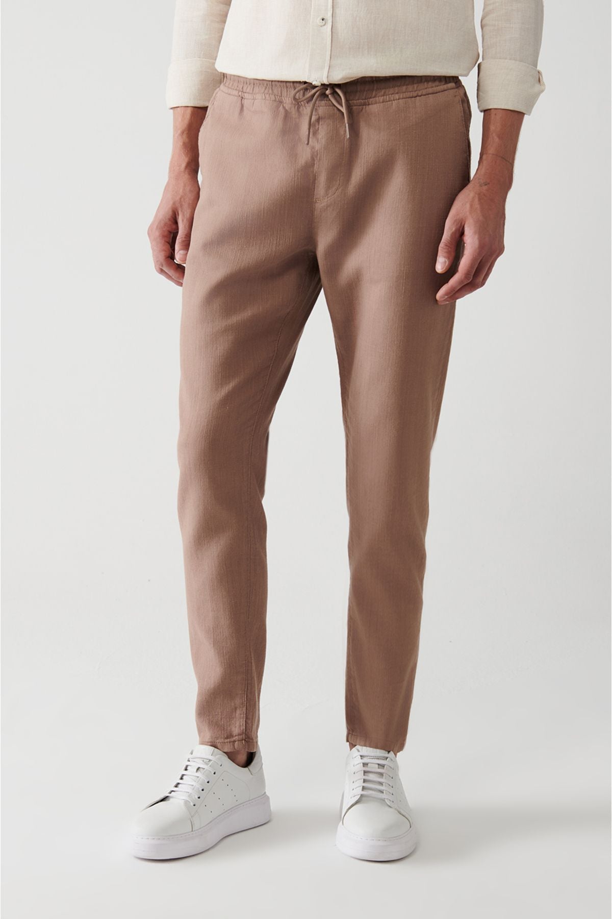 Men's Mink Side Pocket Waist Waist Tire 100 %Cotton Linen textured pants E003052