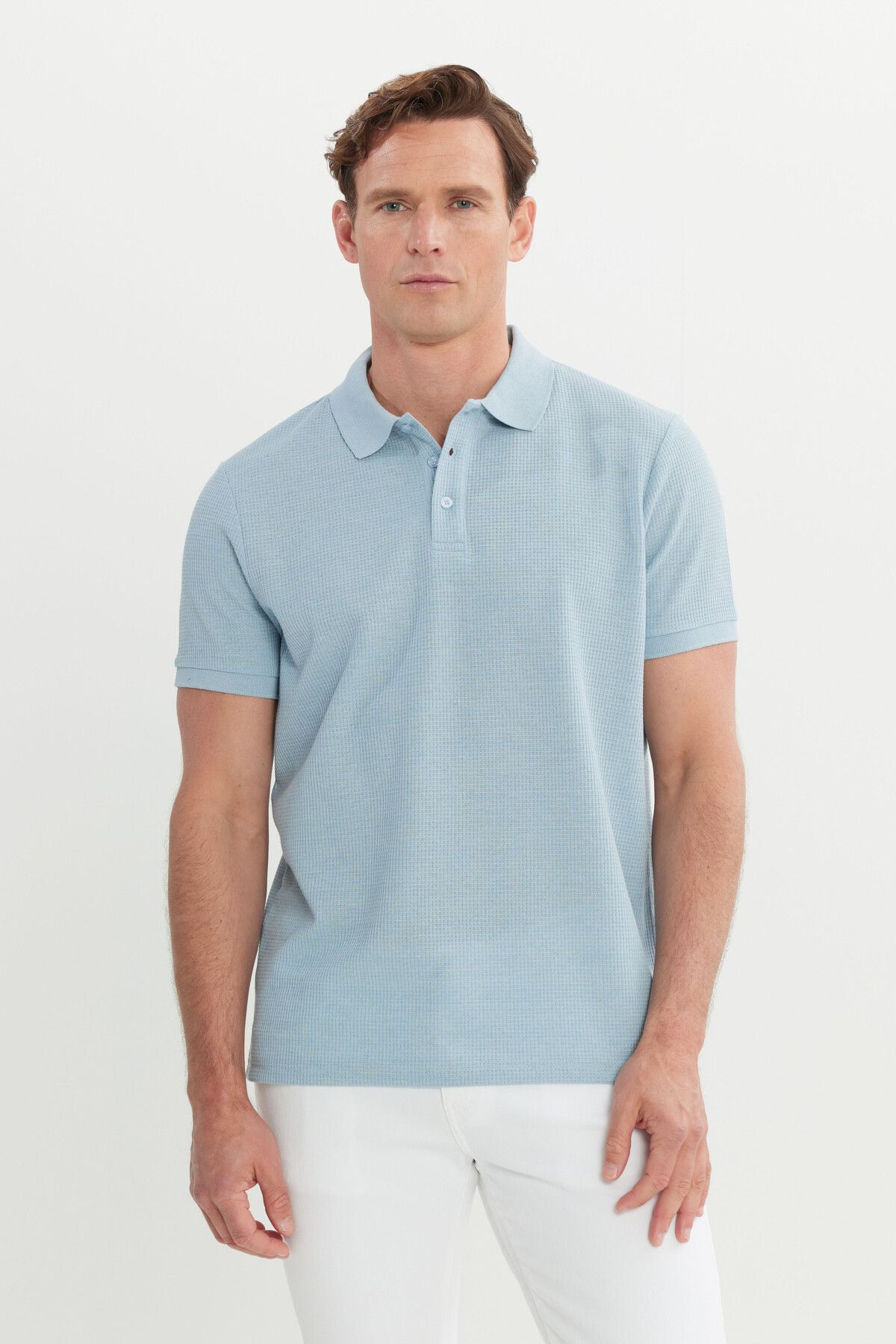 Men's Light Blue Cotton Standard Fit Normal Cut Patterned Polo Yaka T -shirt
