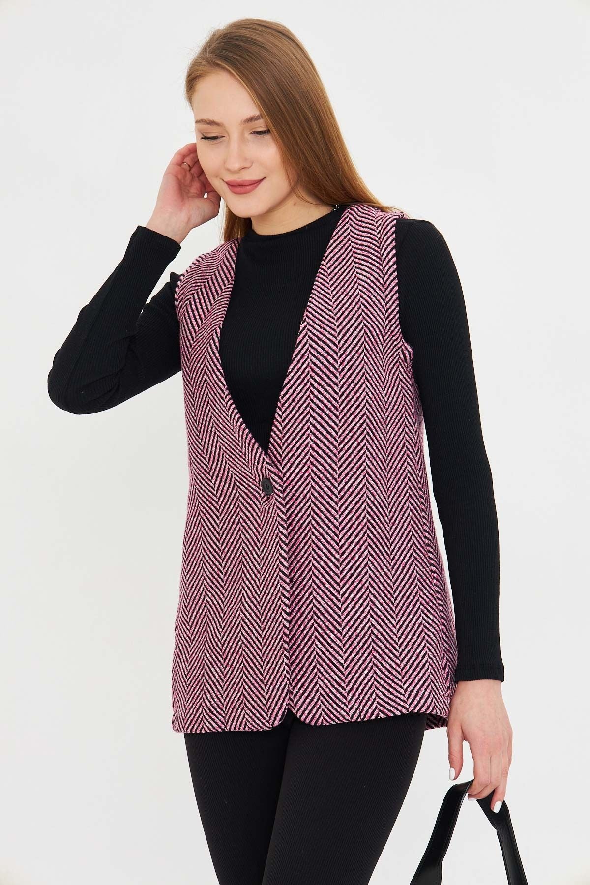 Woman Pink V-Neck Single Button Oversize Patterned Vest ARM-25K001110