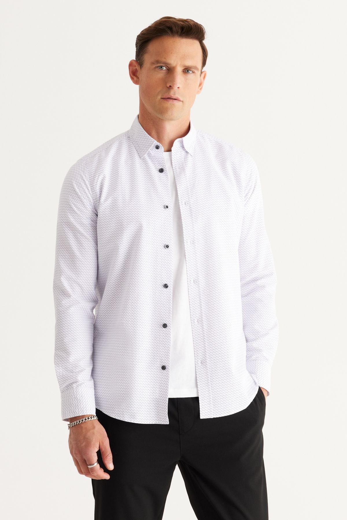 Men's White-Black Slim Fit Narrow Cut Hidden button collar cotton printed shirt