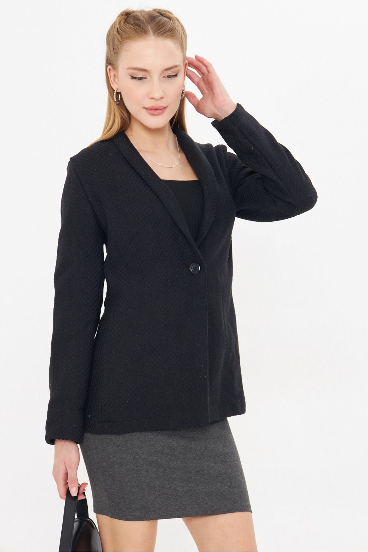 Female Black Fish Surround Pattern Folding Single buttoned stamp jacket ARM-24K001066