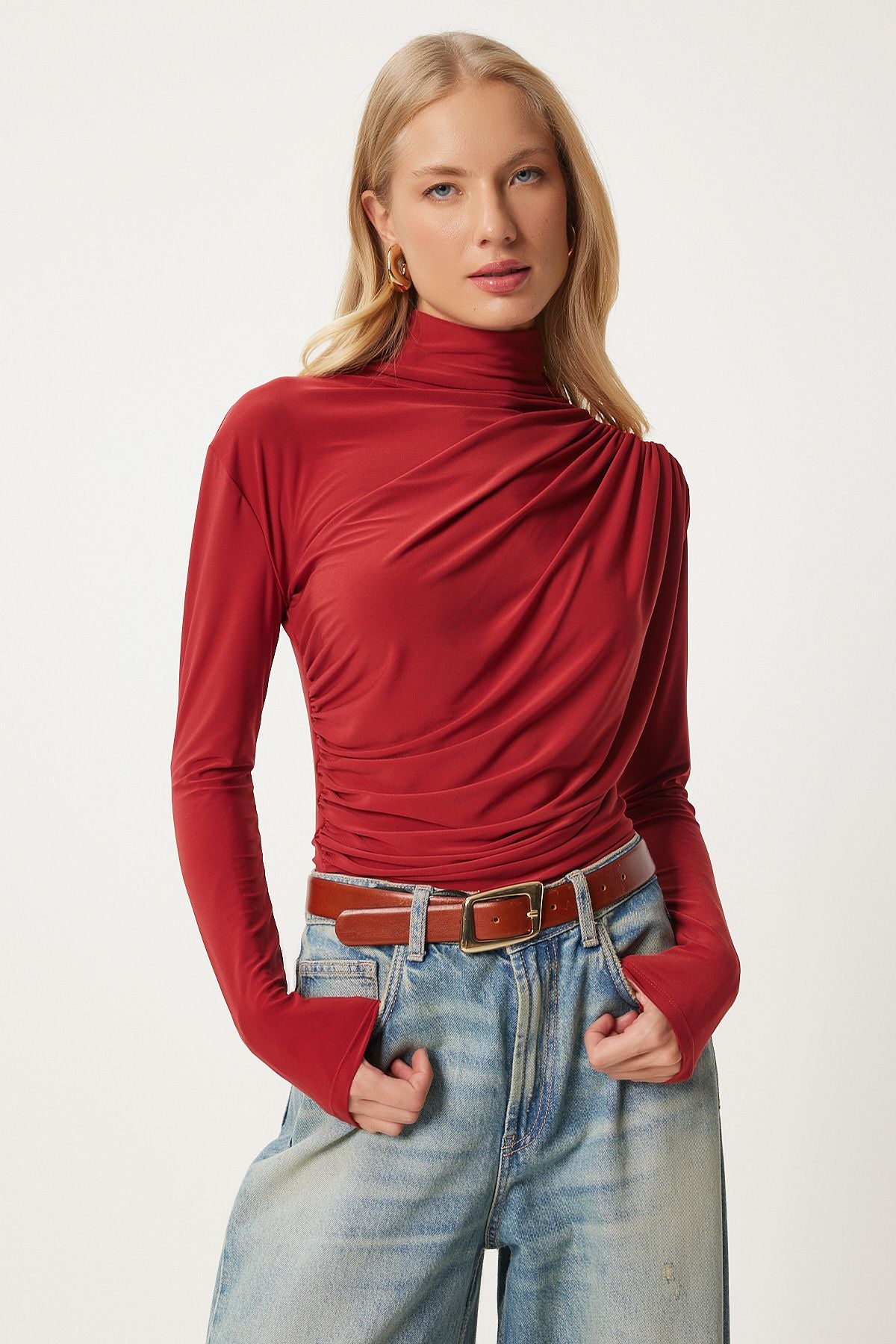 Female tile shirring detailed upright collar sandy blouse FF00135