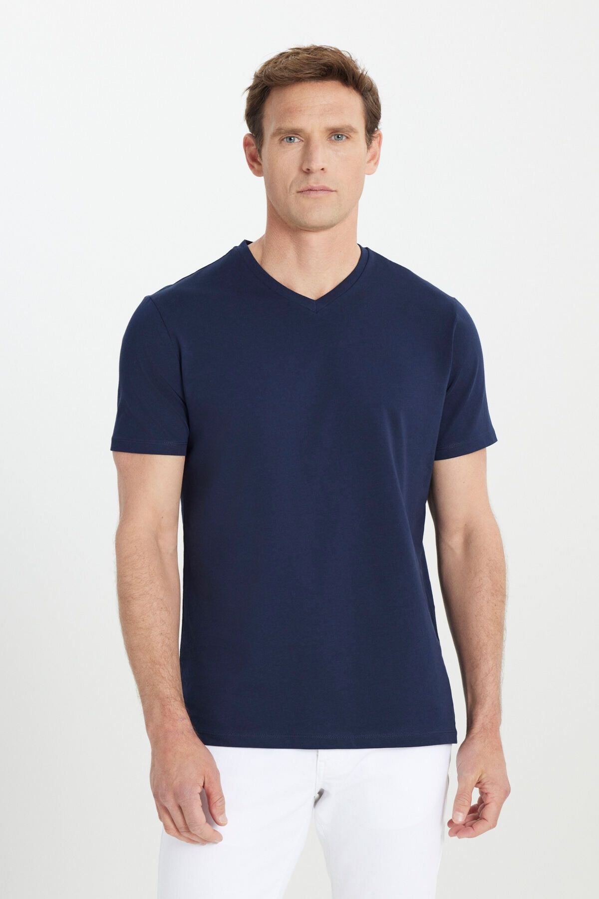 Men's 100 %cotton V -neck navy blue slim fit narrow cut T -shirt