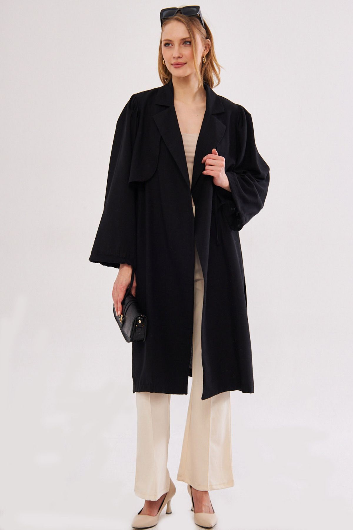 Female Black Ennea Trench coat arms Pleated Baded Arm Mouth Lace Lace Detailed Arm-24Y001030