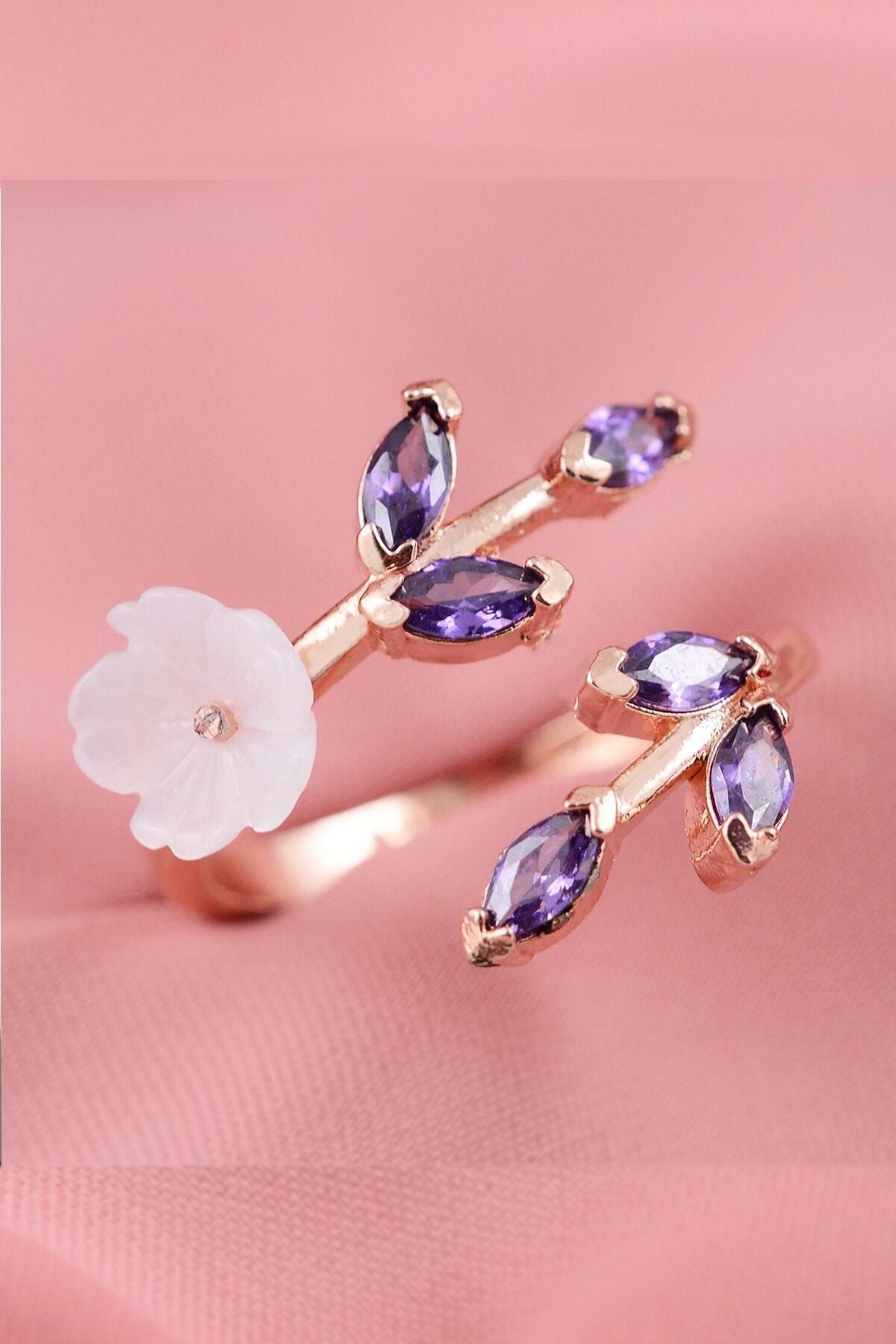 Sedef Flower Purple Stone Adjustable 14 K Rose Gold Plated Woman Ring