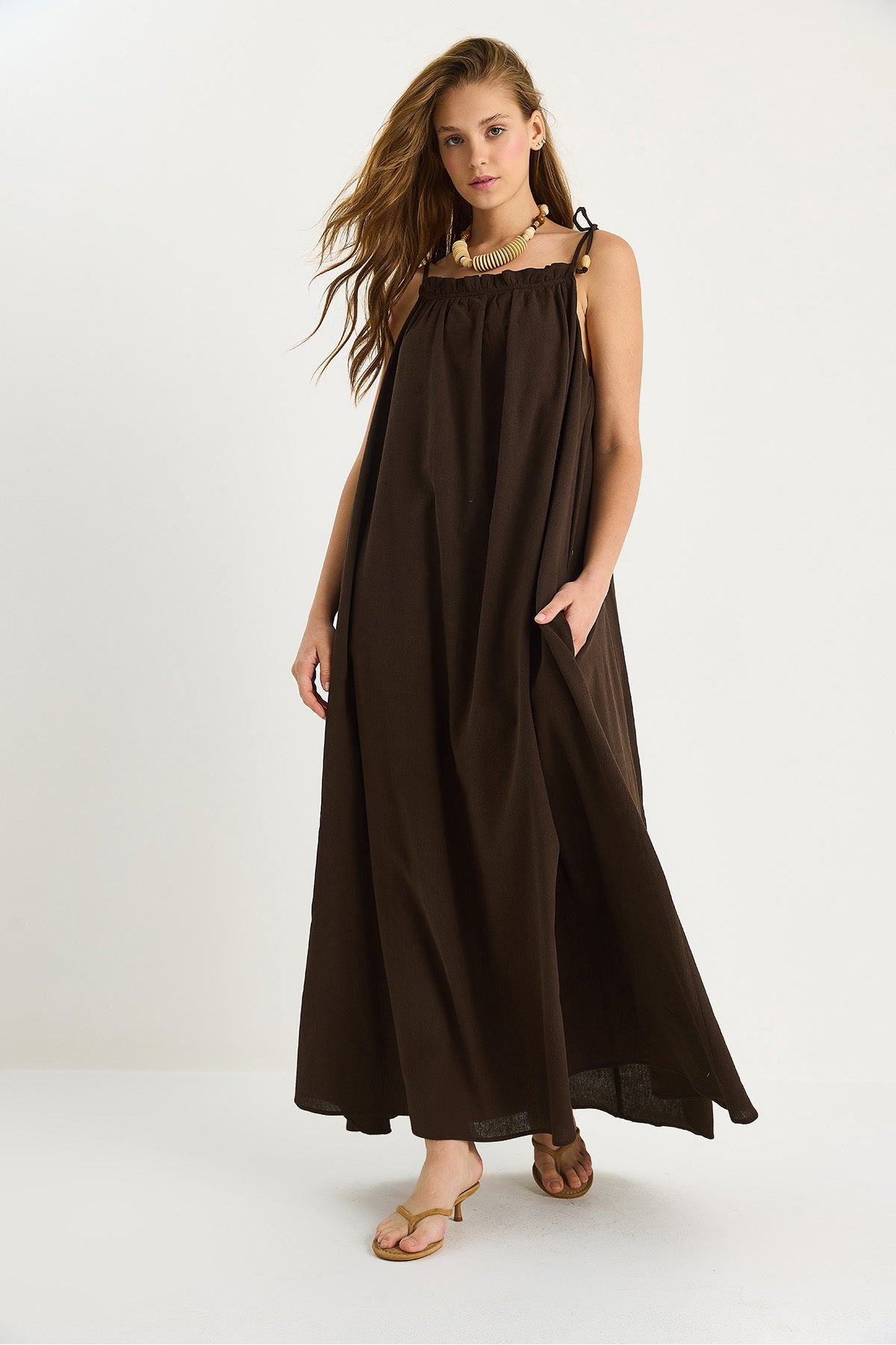 Women's Tie Strap Pocket Detailed Lined Long Crinkle Oversize Dress 5249 60281095