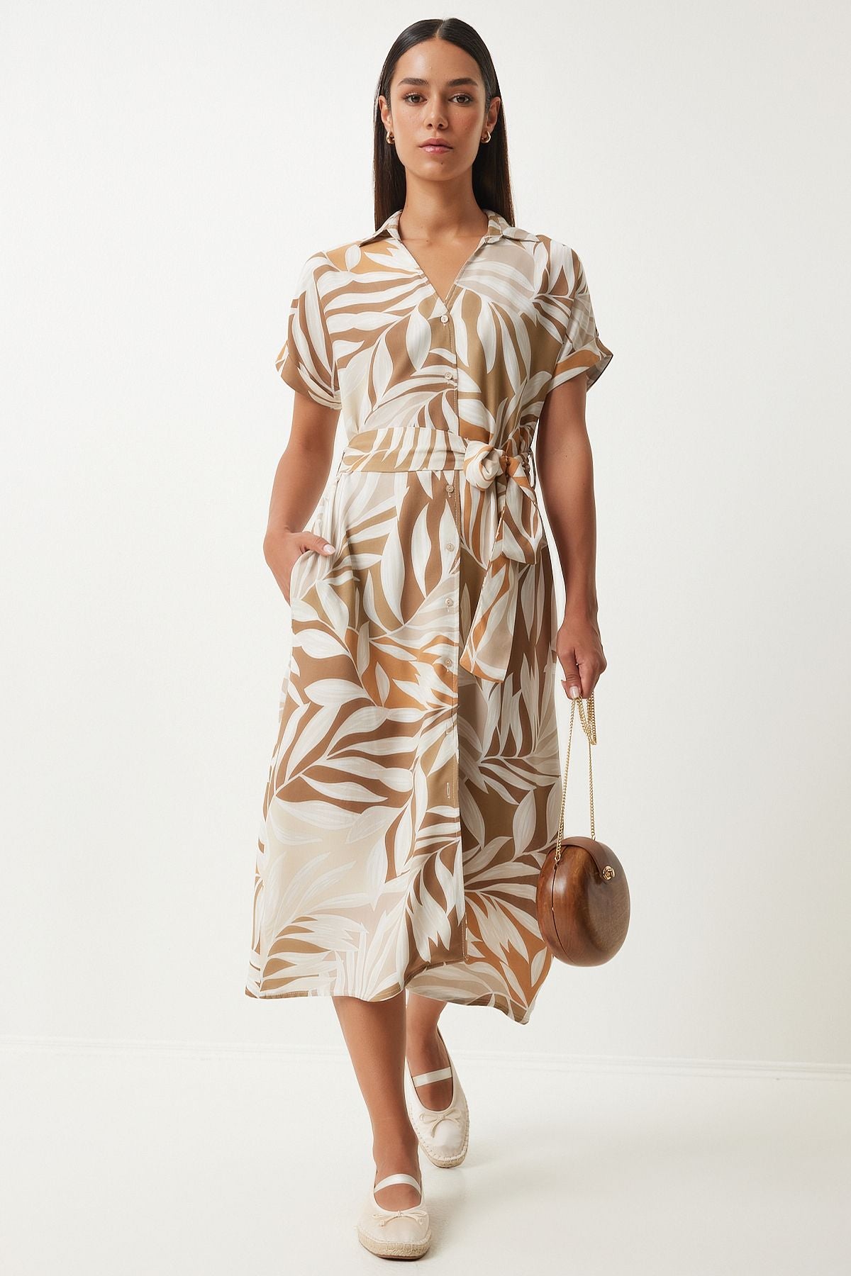 Female Biscuit Cream Patterned Born Viscose Shirt Dress DD01331