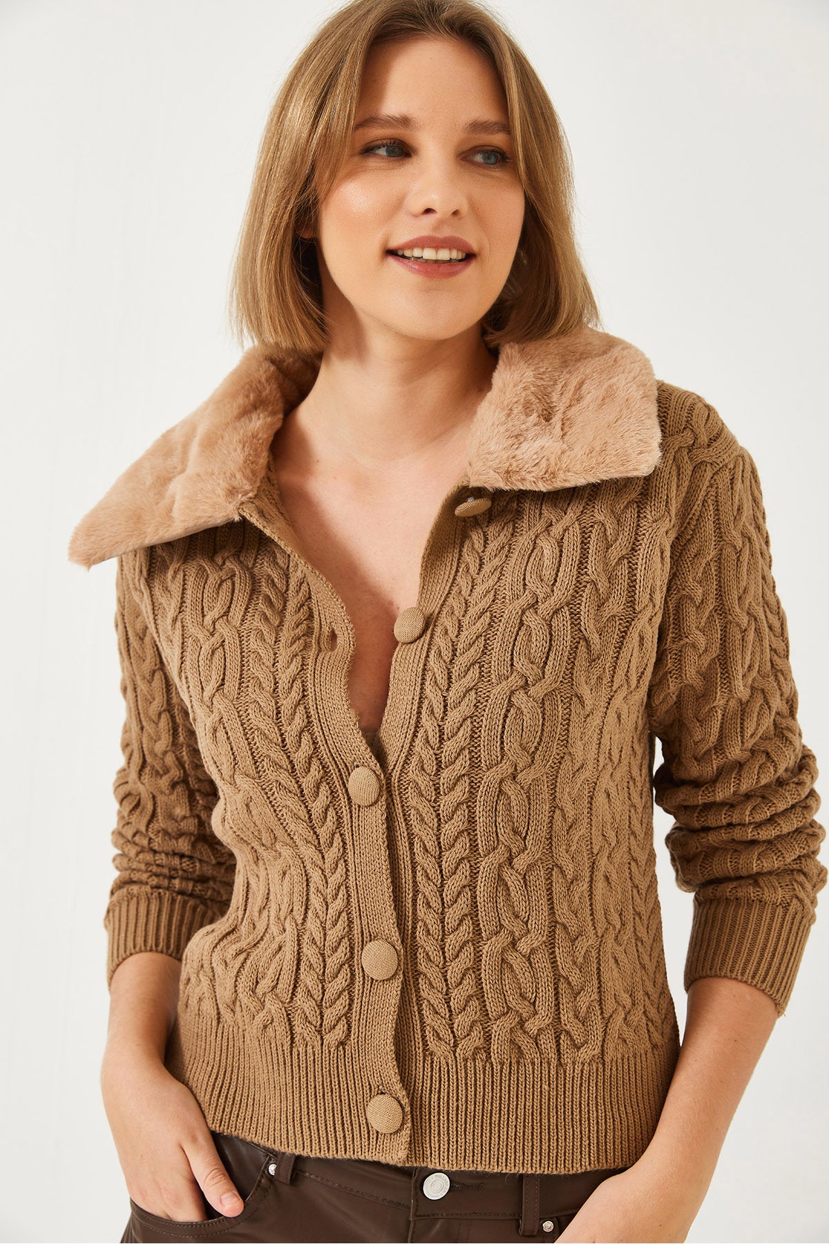 Women's Braided Fur Collar Knitwear Cardigan 20234512