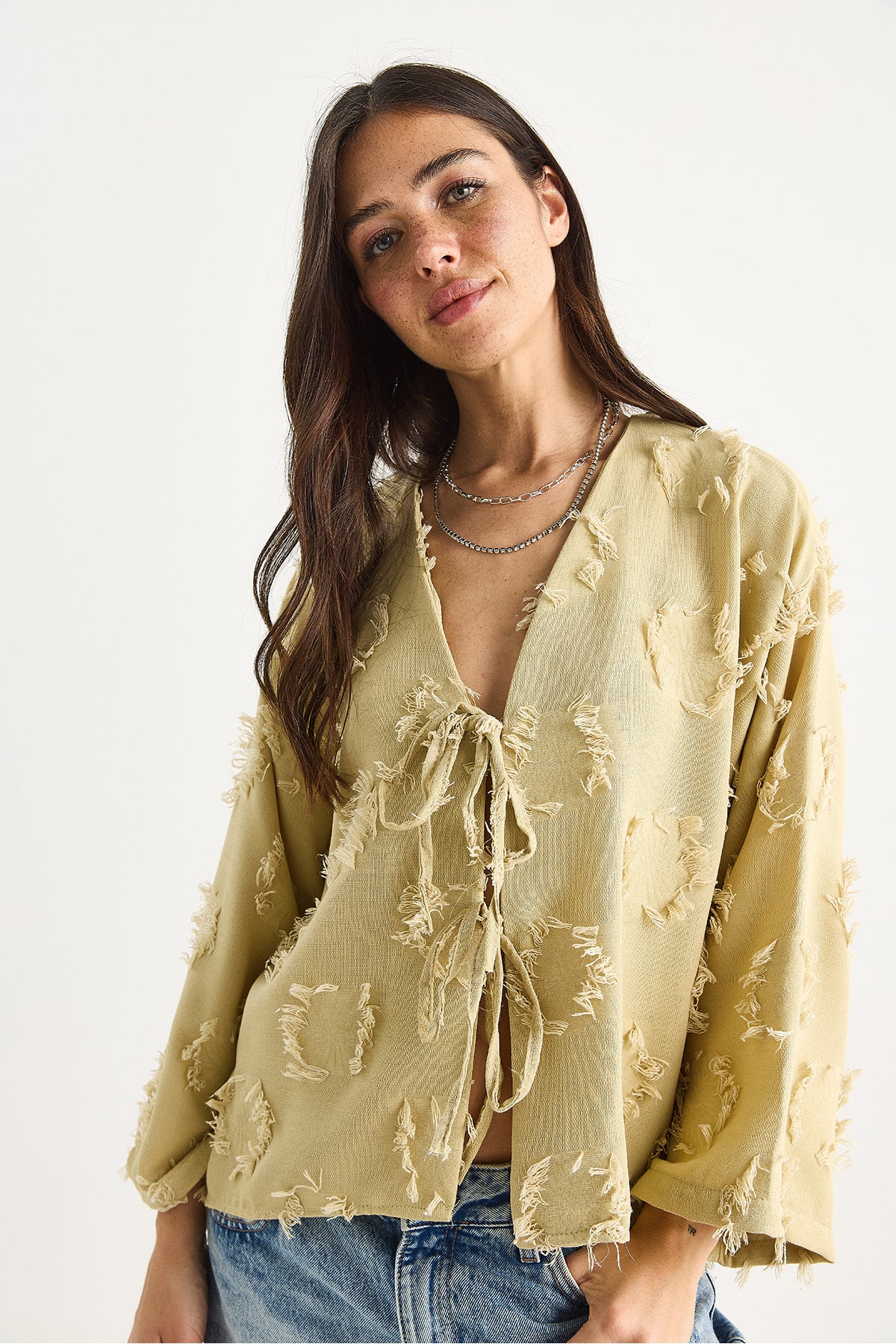 Women's Tie-Front, Self-Embroidered Tasseled Loose Kimono 7012-2 60283410