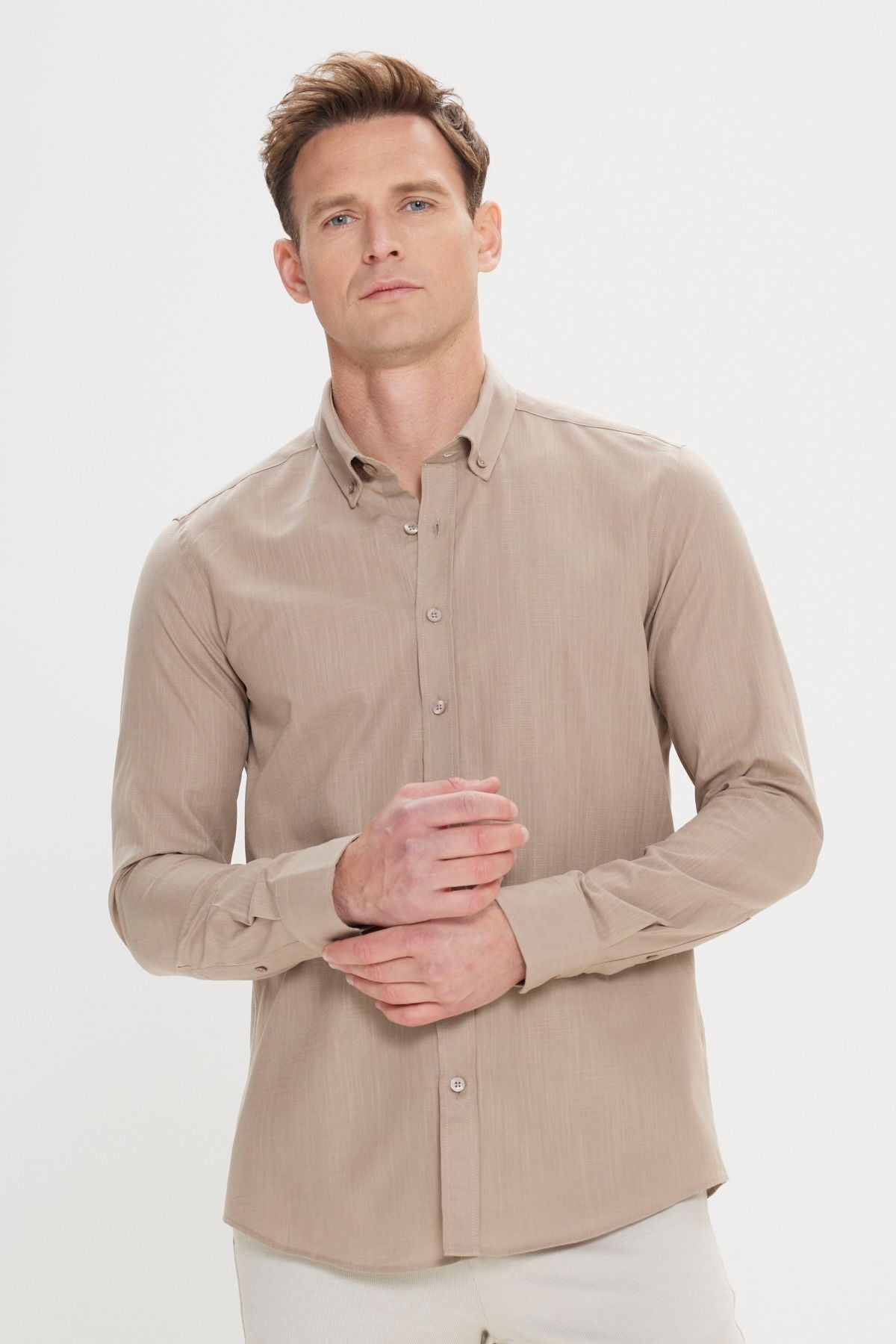 Men's mink 100 %cotton breathing fabric pennant oxford slim fit button collar shirt