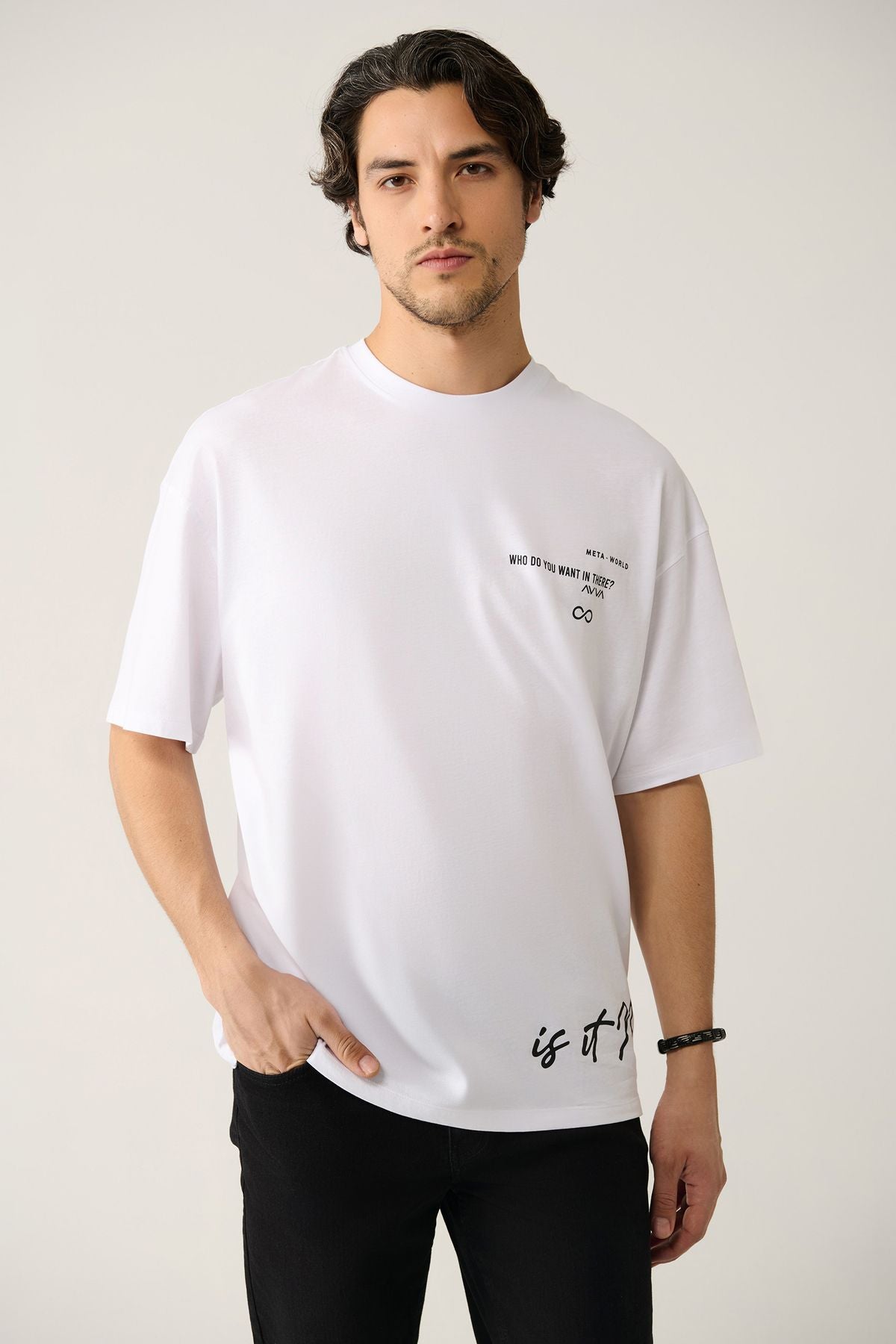 Men's White 100 %Cotton Bicycle Collar Printed Cotton T-Shirt A41y1355