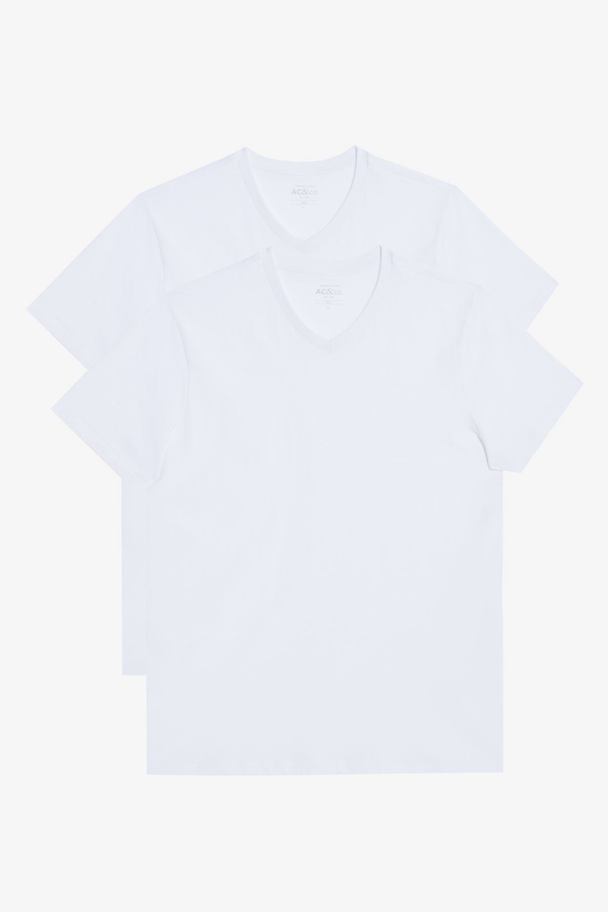 Men's White-White 2 V-neck 100 %Cotton Slim Fit Narrow Cut Basic T-shirt