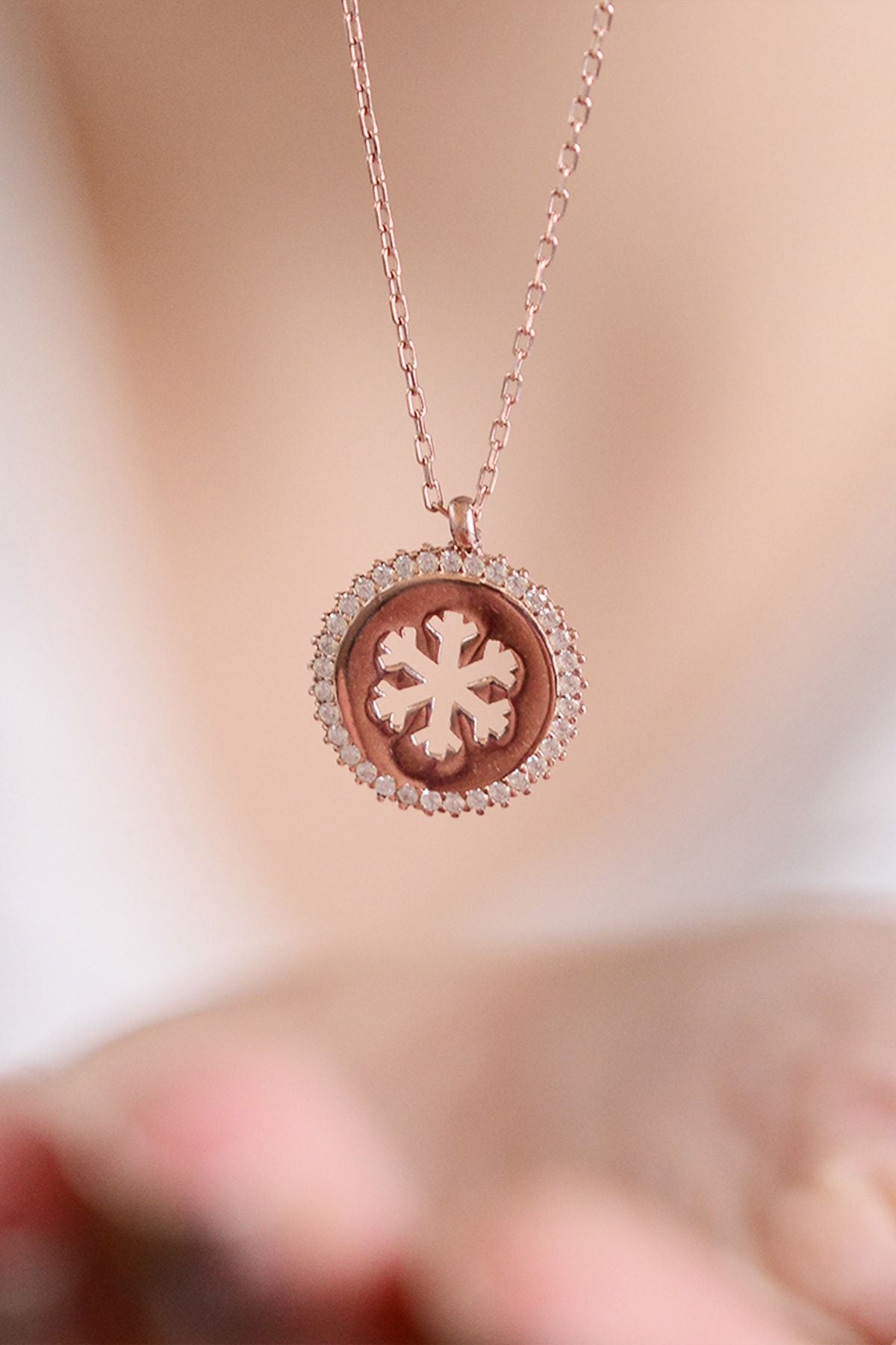 Snowflake Motif with Stone 14 K Rose Gold Plated Women Necklace