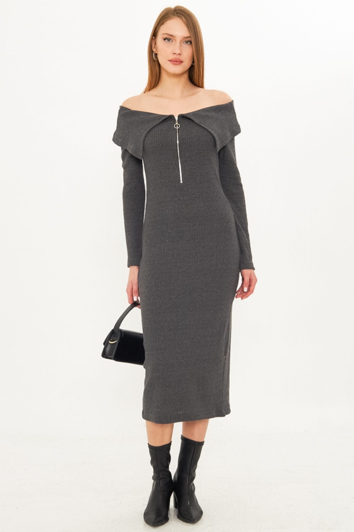 Female anthracite low shoulder front zipper slit midi height knitwear dress ARM-25K001089