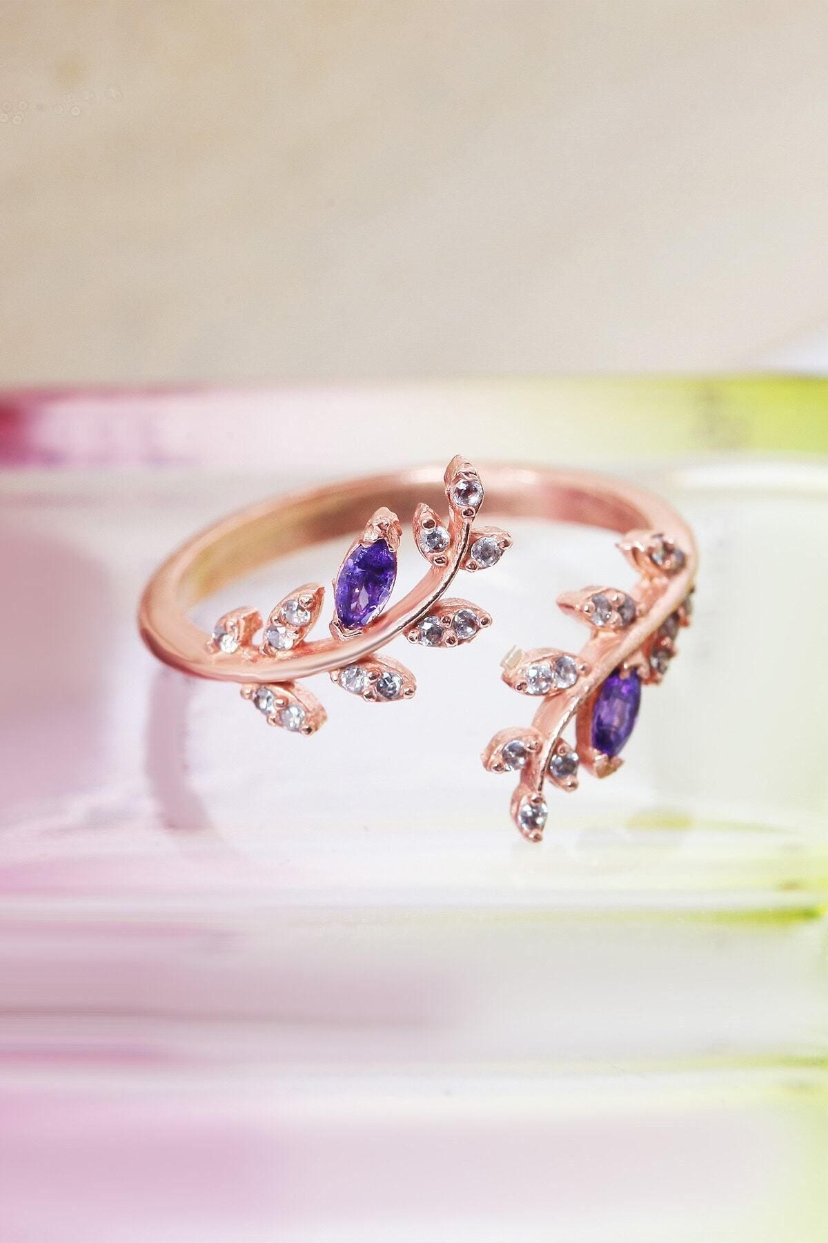 Acacia Flower Purple Adjustable 14 K Rose Gold Plated Woman Ring
