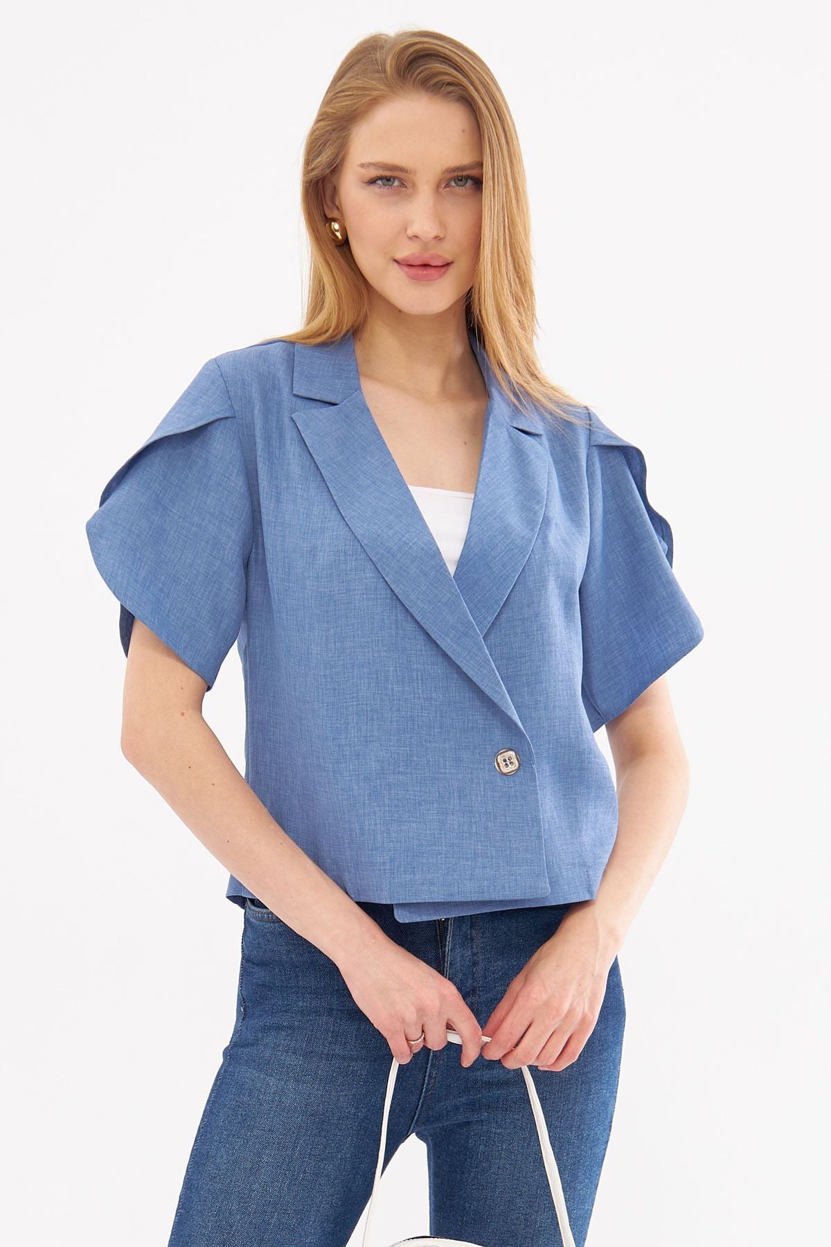 WOMEN'S INDIGO BLANT SPRING DETAILED Crop Short Sleeve Jacket ARM-24Y001048