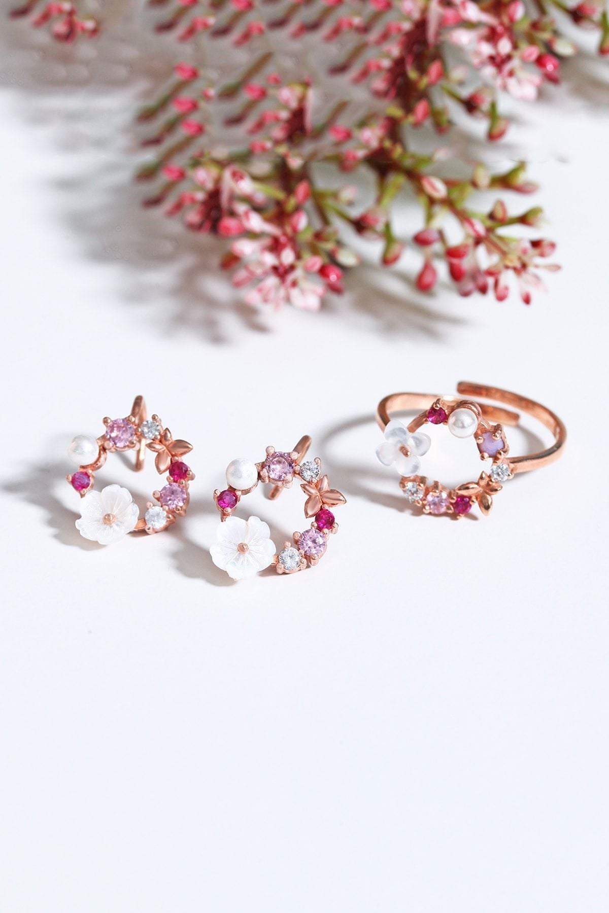 Orchid and Colorful Stone Earrings and Ring 14 K Rose Gold Plated Woman Set