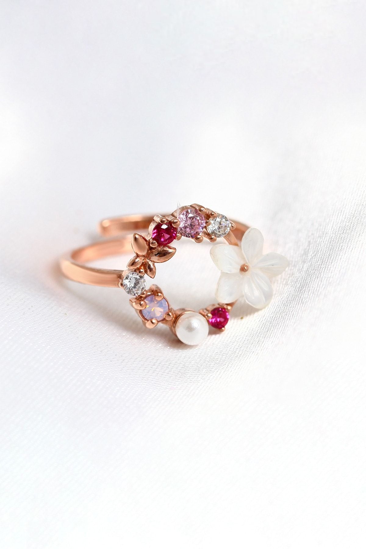 Female Rose Gold Orchid and Colorful Stone 14k Gold Plated Ring