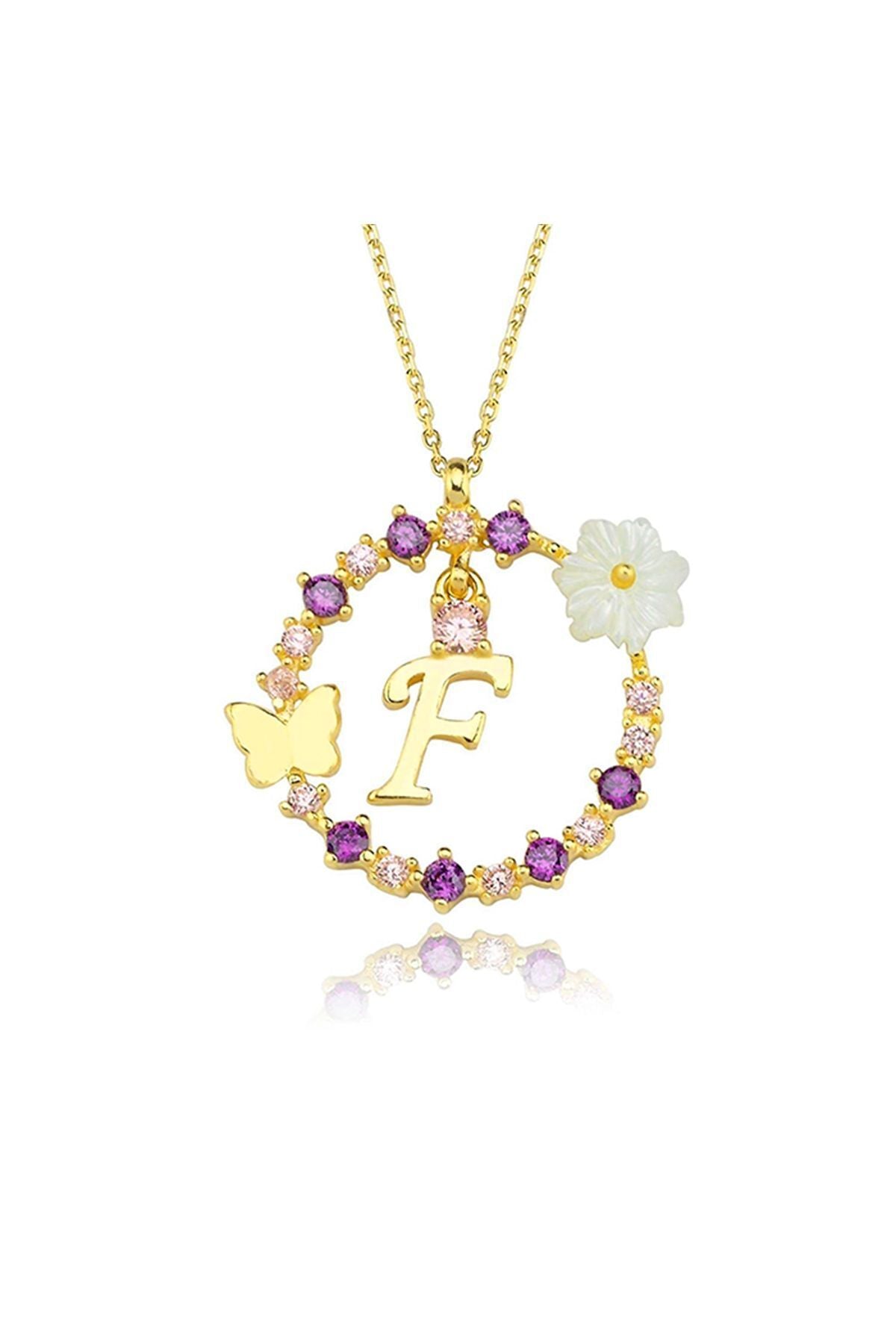 Magnolia Flower Dreams Glitter 14k Gold F Letter Women Necklace