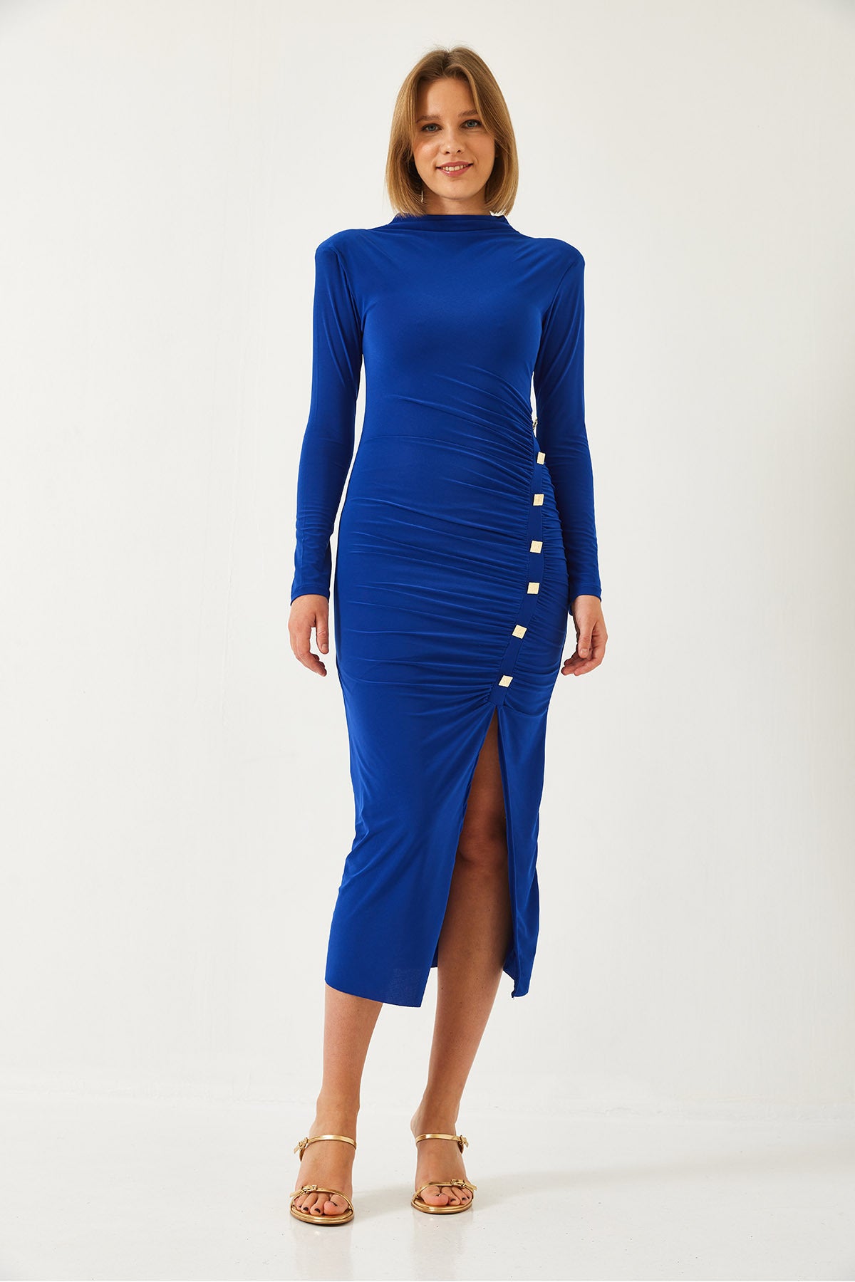 Women's Button Detailed Long Candy Fabric Dress 4449 60261112