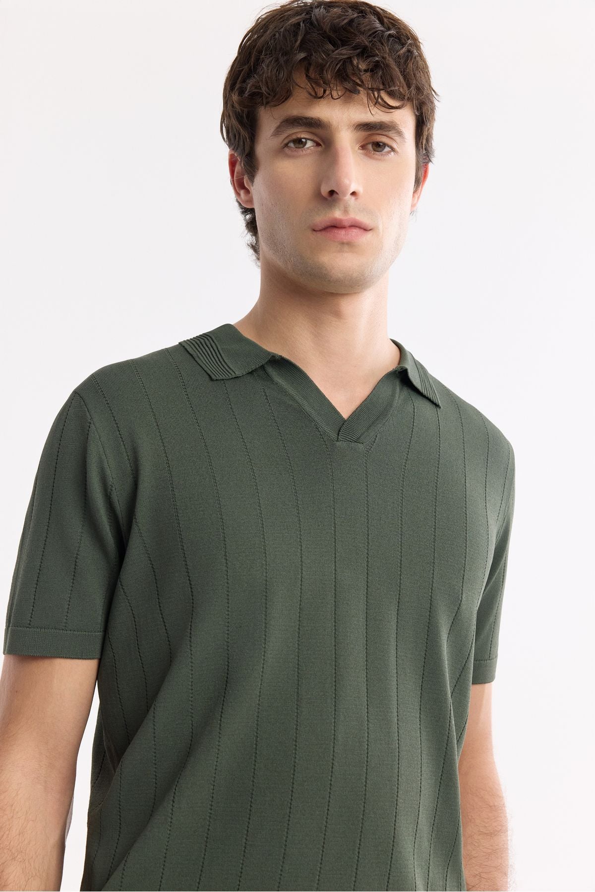 Men's Khaki Buttonless Polo Yaka Length Rayon Rayon Triko T-Shirt A51y5015