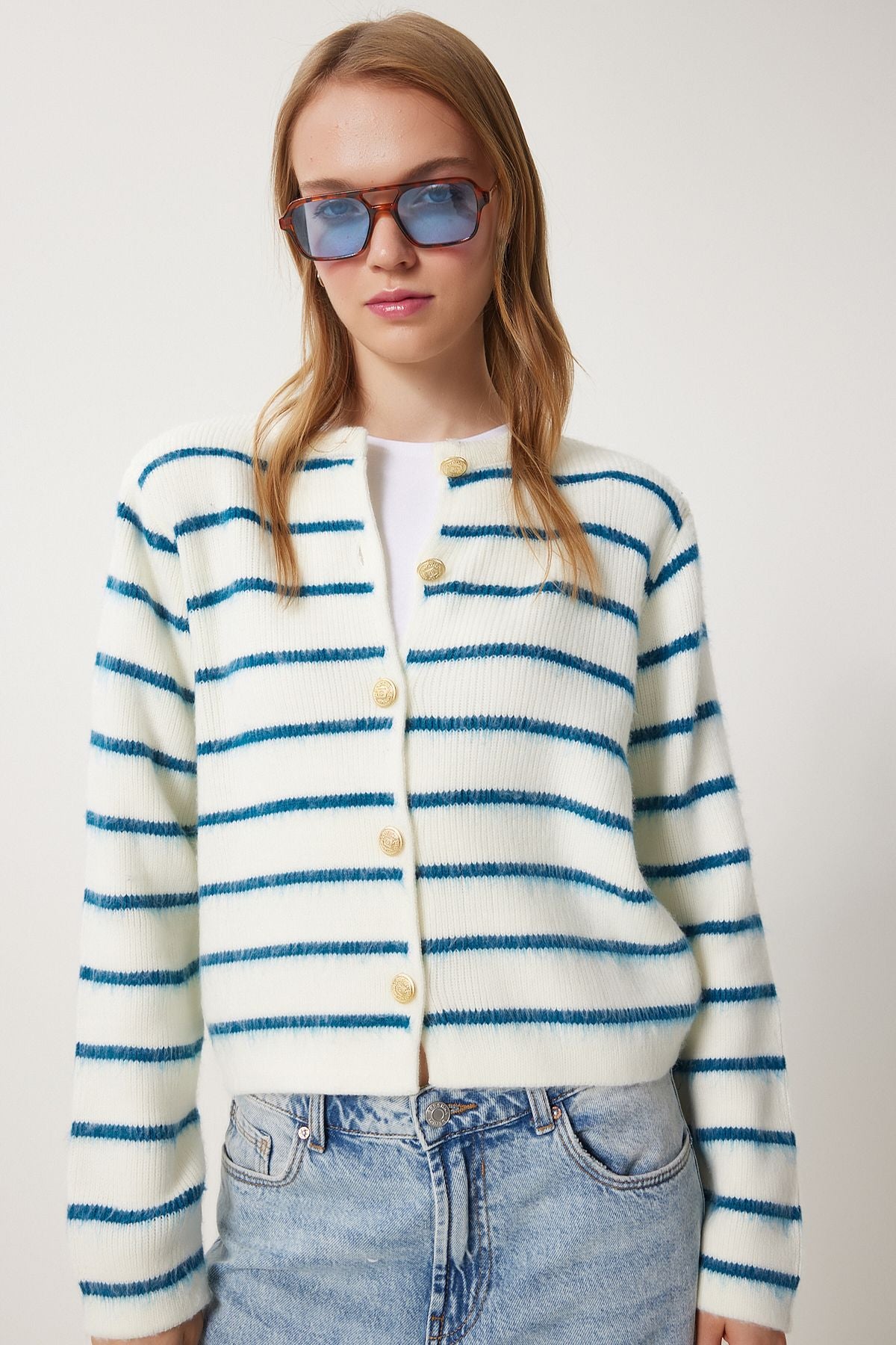 WOMEN BONE BLACK BLUE CHIC button striped knitwear cardigan PF00051