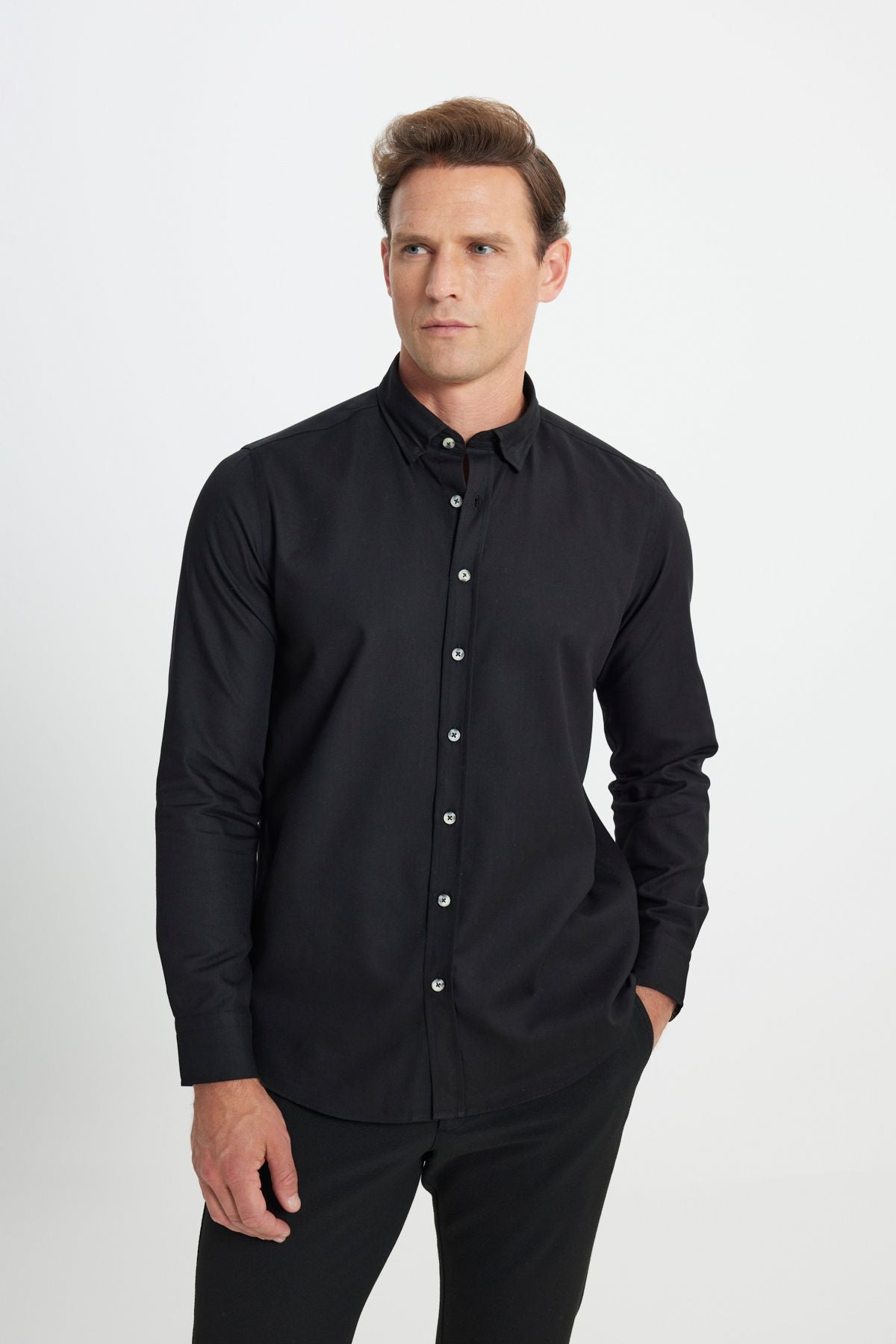Men's black flannel oxford winter slim fit narrow cut buttoned button shirt