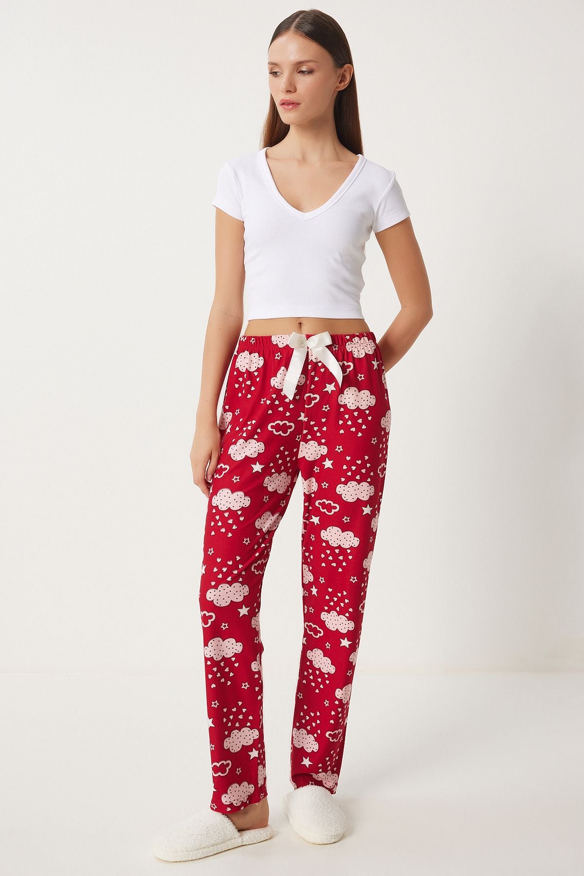 Woman Red Pink Patterned Soft textured knitting pajamas six EC00047