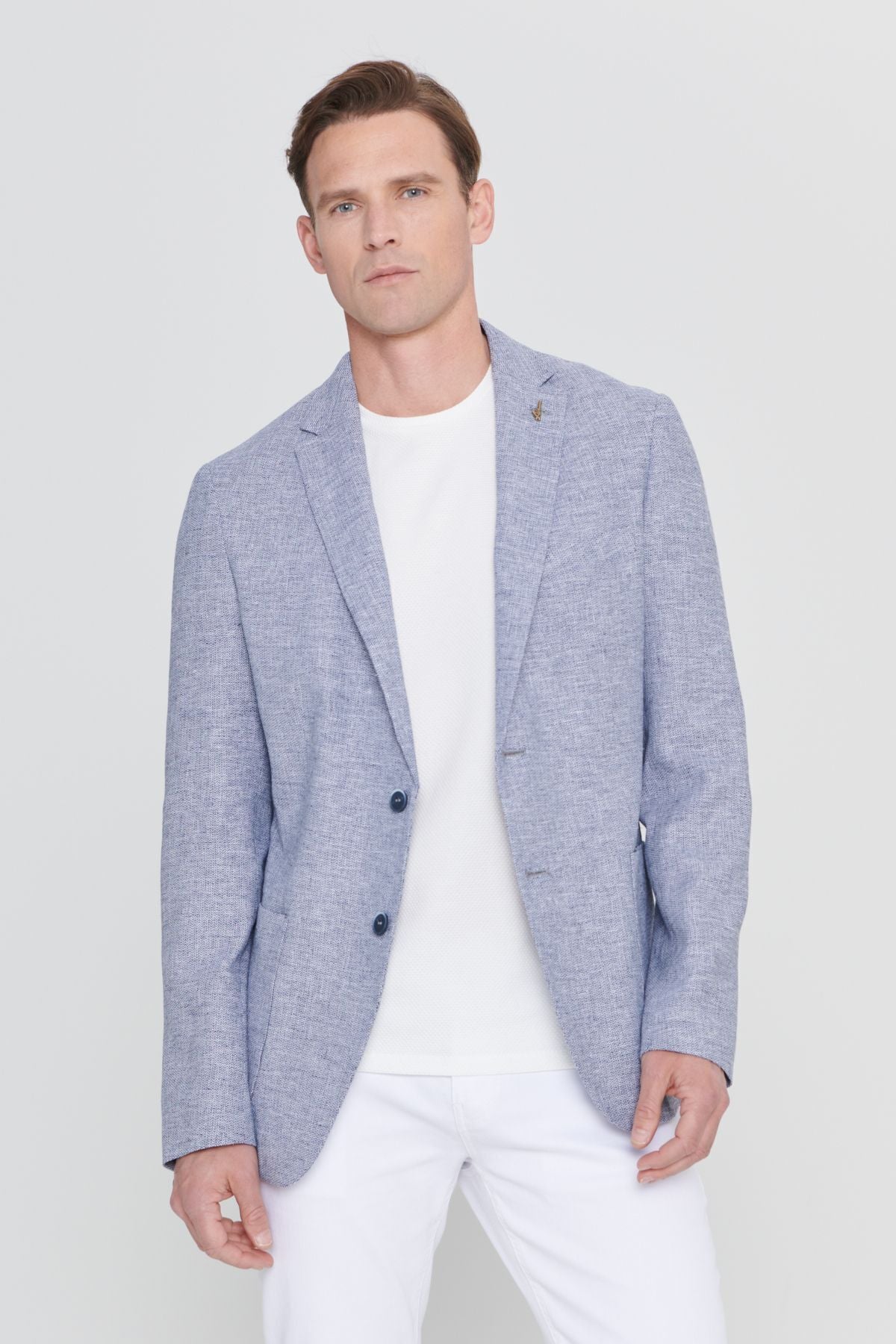Men's navy blue slim fit narrow cutting linen patterned mono collar bag pocket blazer jacket
