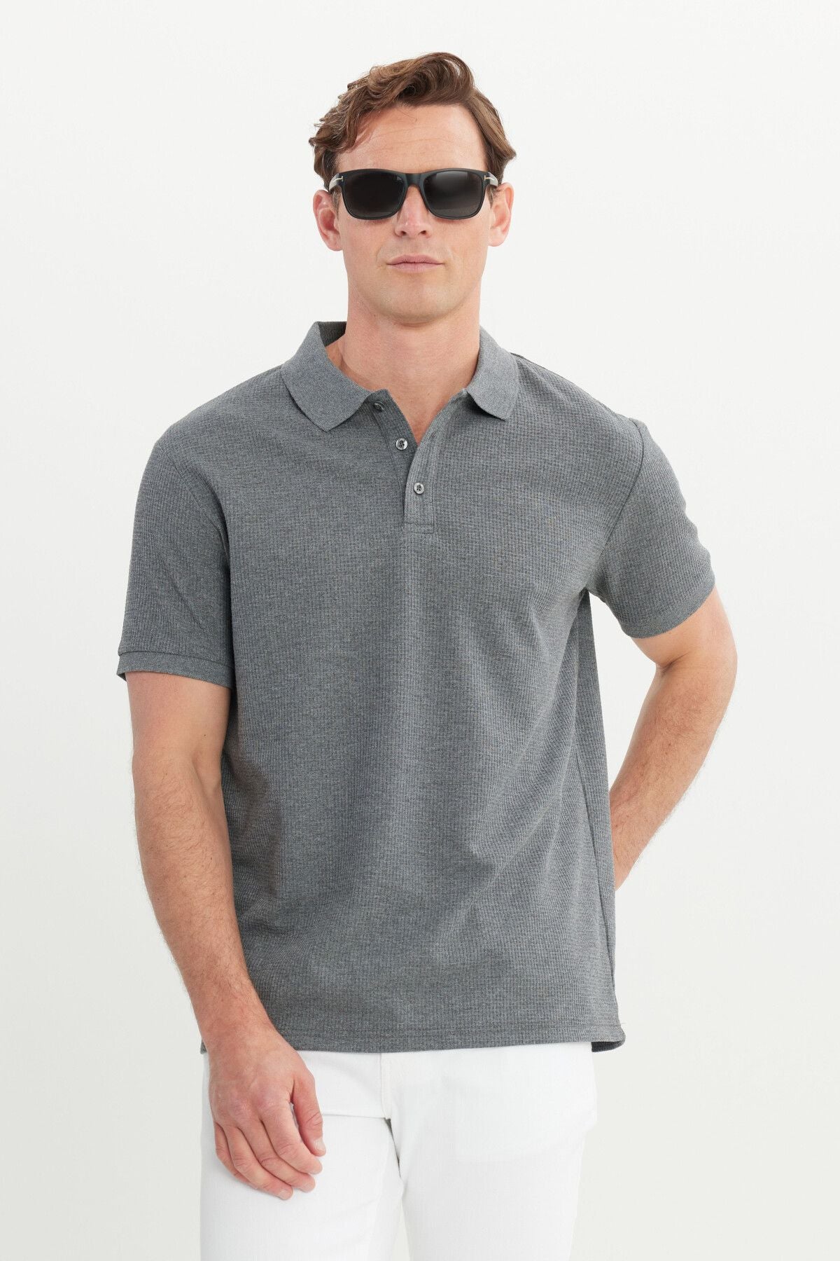 Men's anthracite-melanj cotton standard fit Normal cut pattern Polo collar T-shirt