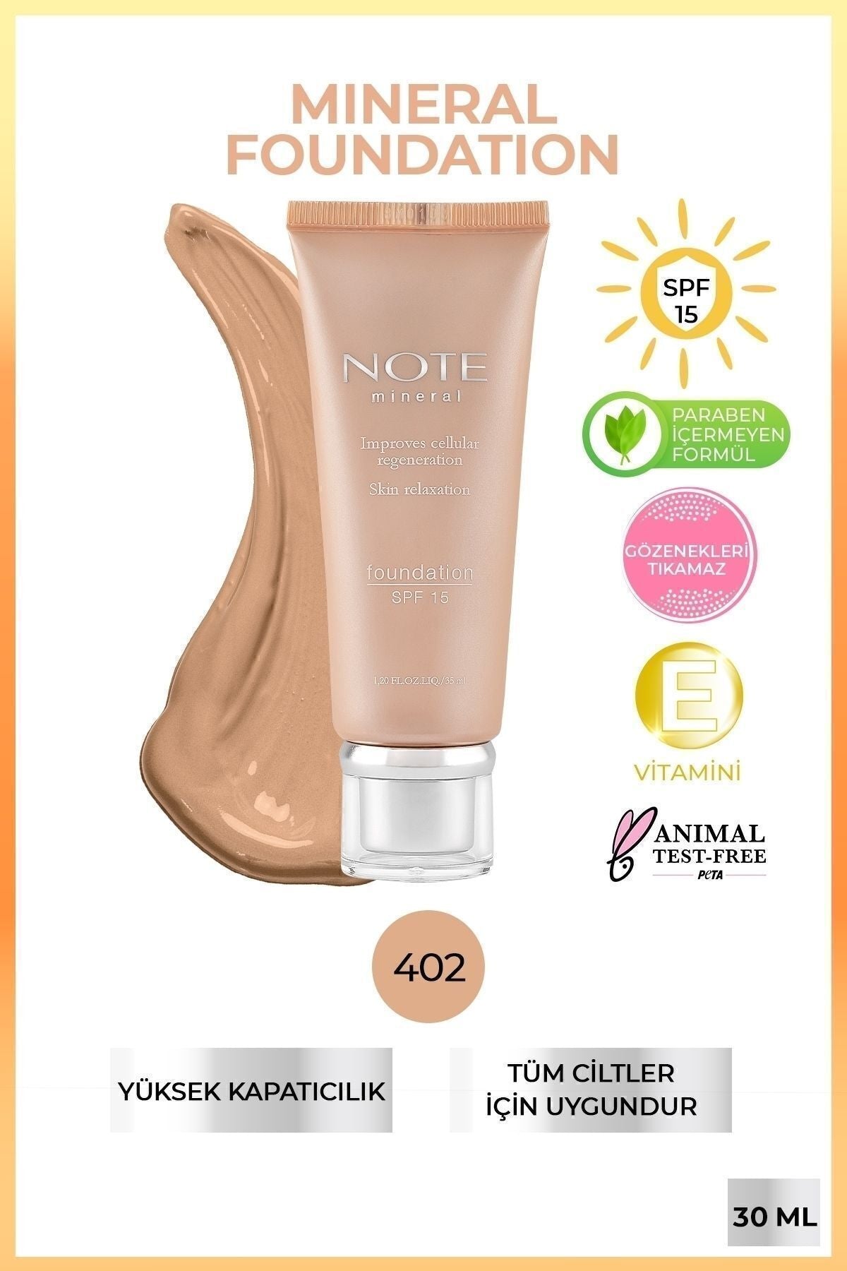 Mineral Foundation Spf 15 Yoğun Kapatıcı Saten Bitişli Fondöten - 402 Orta Açık