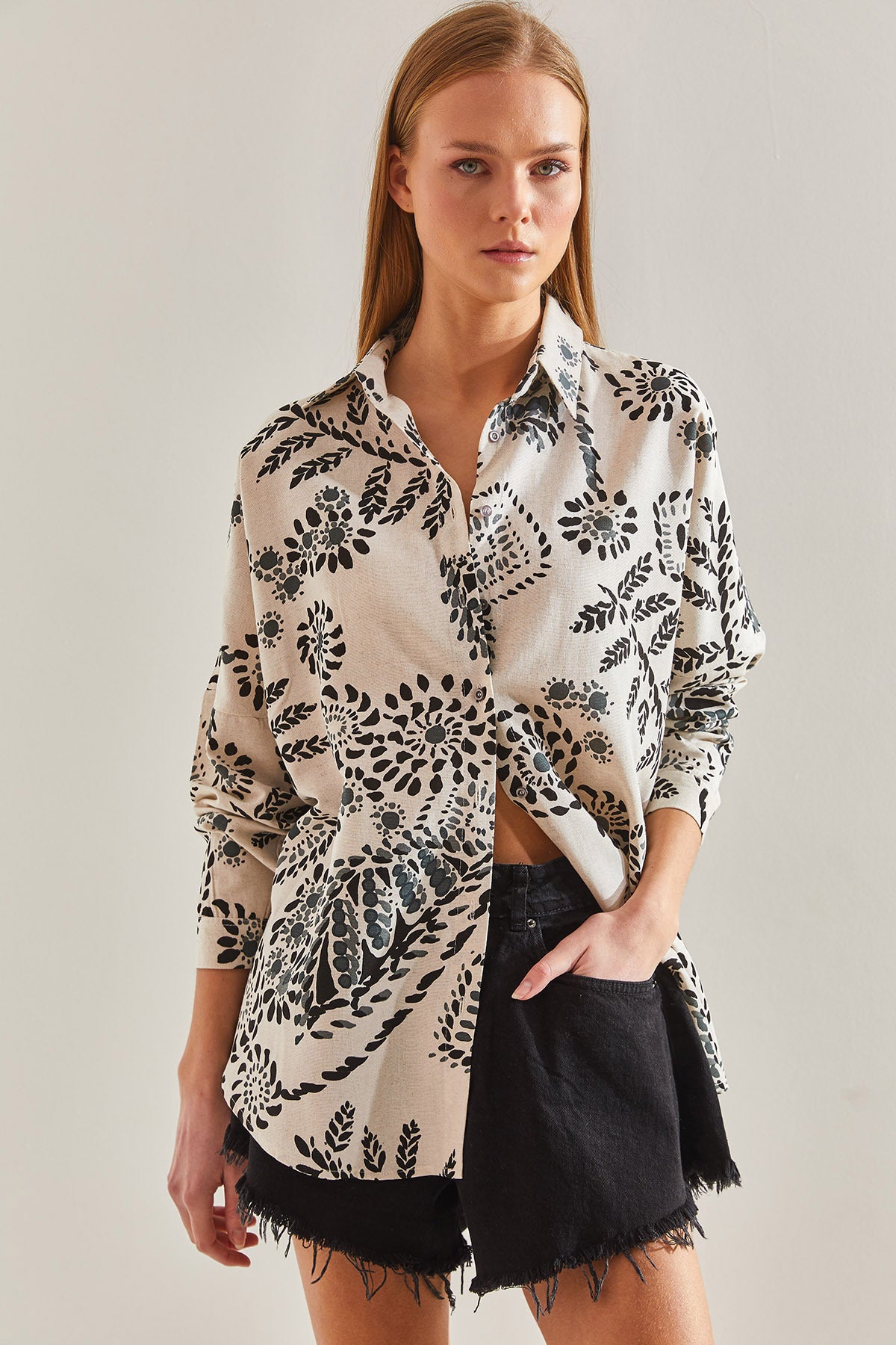 Women's Big Leaf Patterned Casual Linen Shirt 60101021