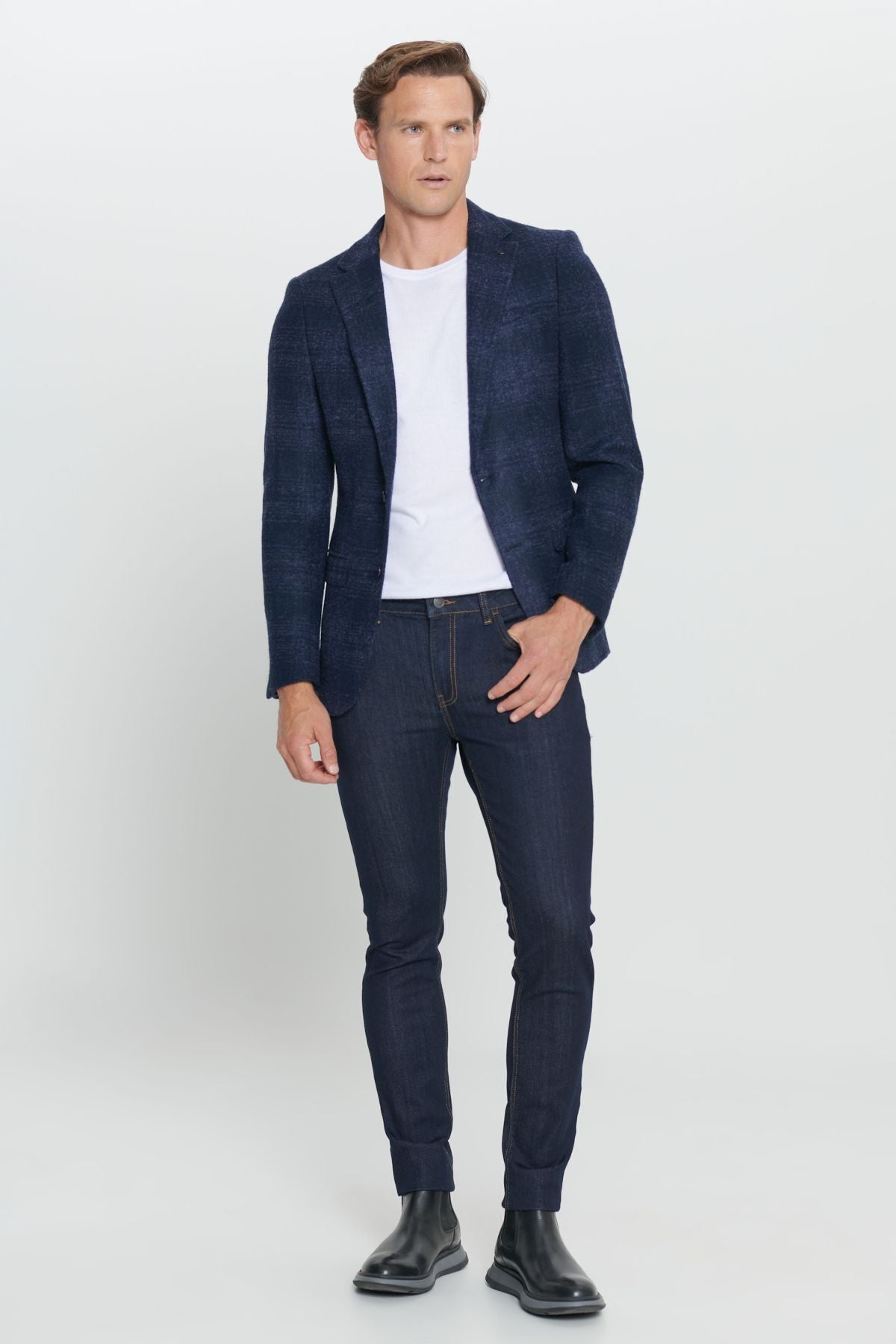 Men's navy blue slim fit narrow cut mono collar woolen blazer jacket