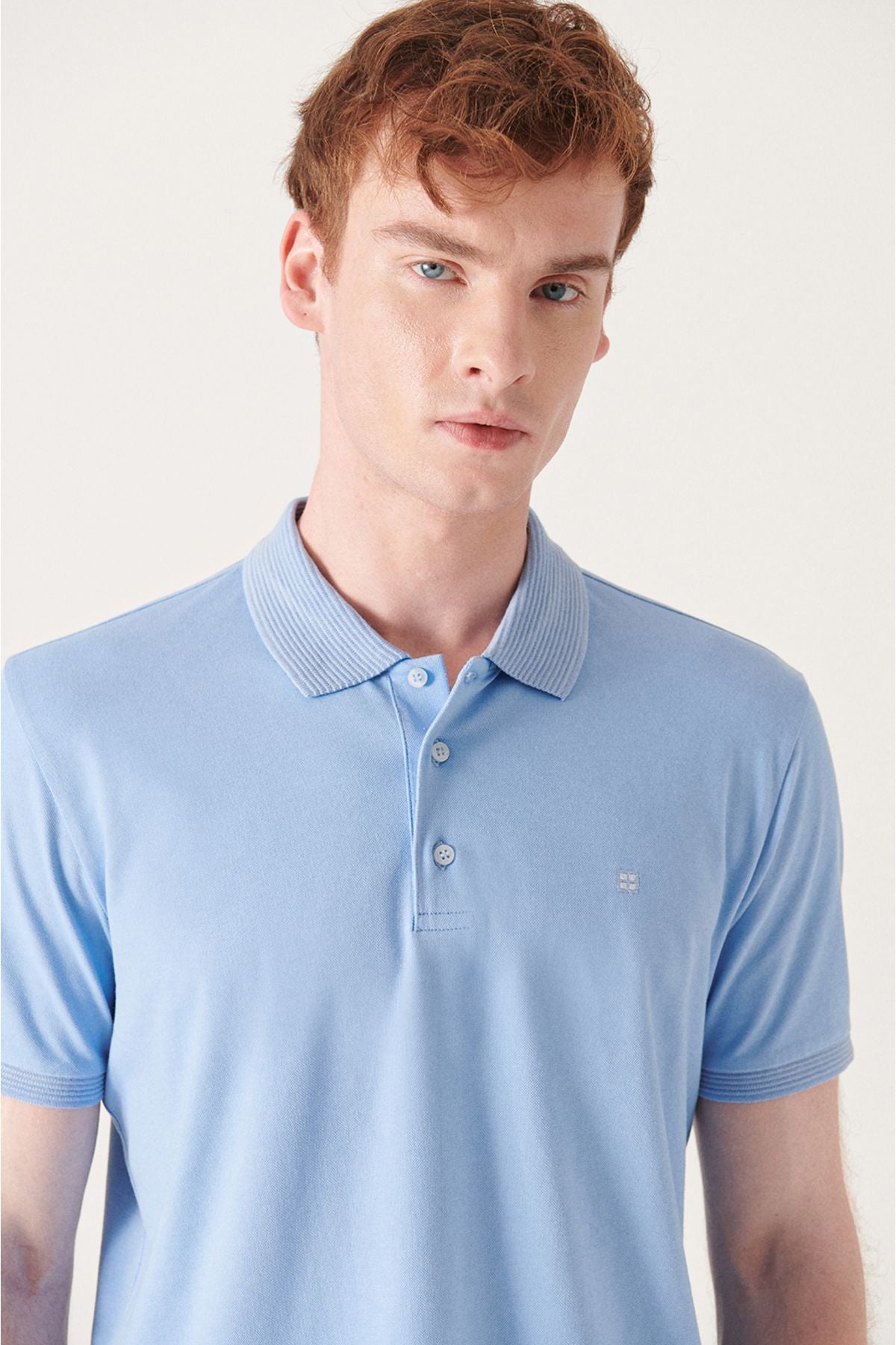 Men's light blue 3 button 100 %corn cotton Polo Yaka T-shirt B001027