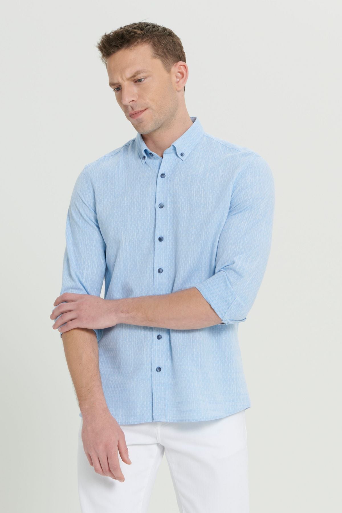 Men's Light Blue Slim Fit Narrow Cutting 100 %Cotton Ameful Buttoned Button Casual Shirt