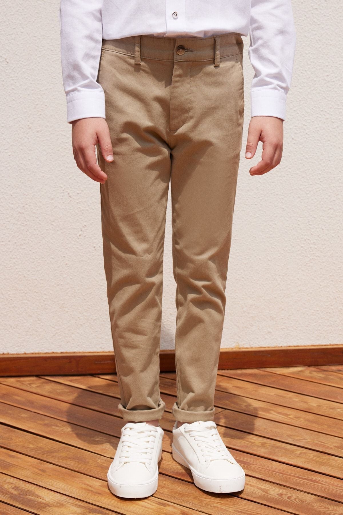 Beige slim fit narrow cutting side pocket cotton flexible child chino pants