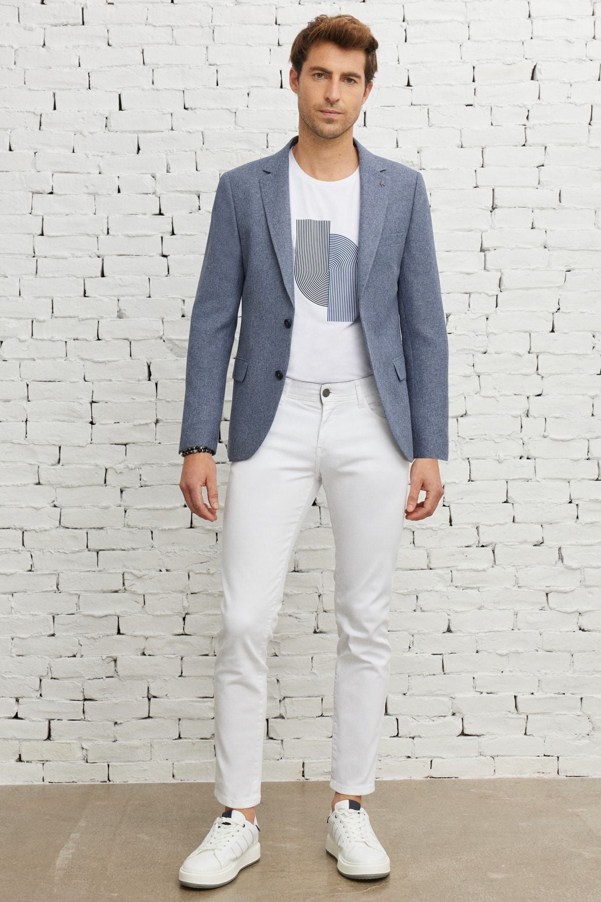 Men's blue slim fit narrow cutting mono collar patterned blazer jacket