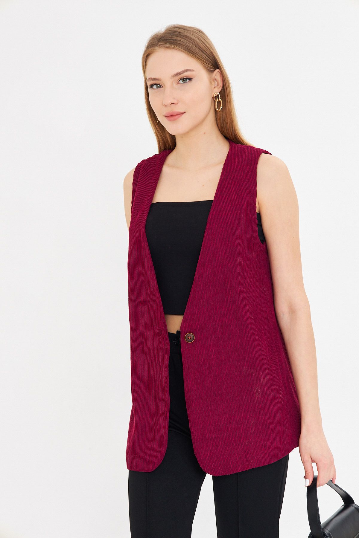 WOMEN'S PUBLIC V-neck Single button Oversizle Thick Wick Velvet Vest Arm-25k001016