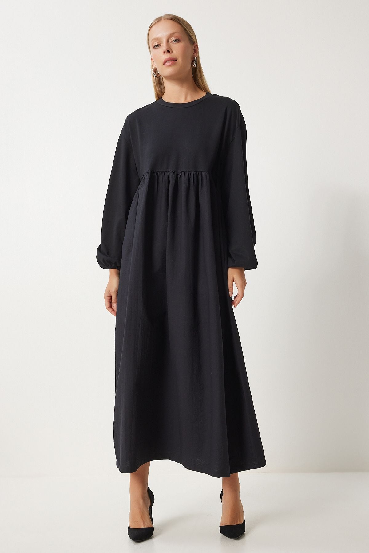 Women's black flywheel balloon sleeve long weaving dress RG00044