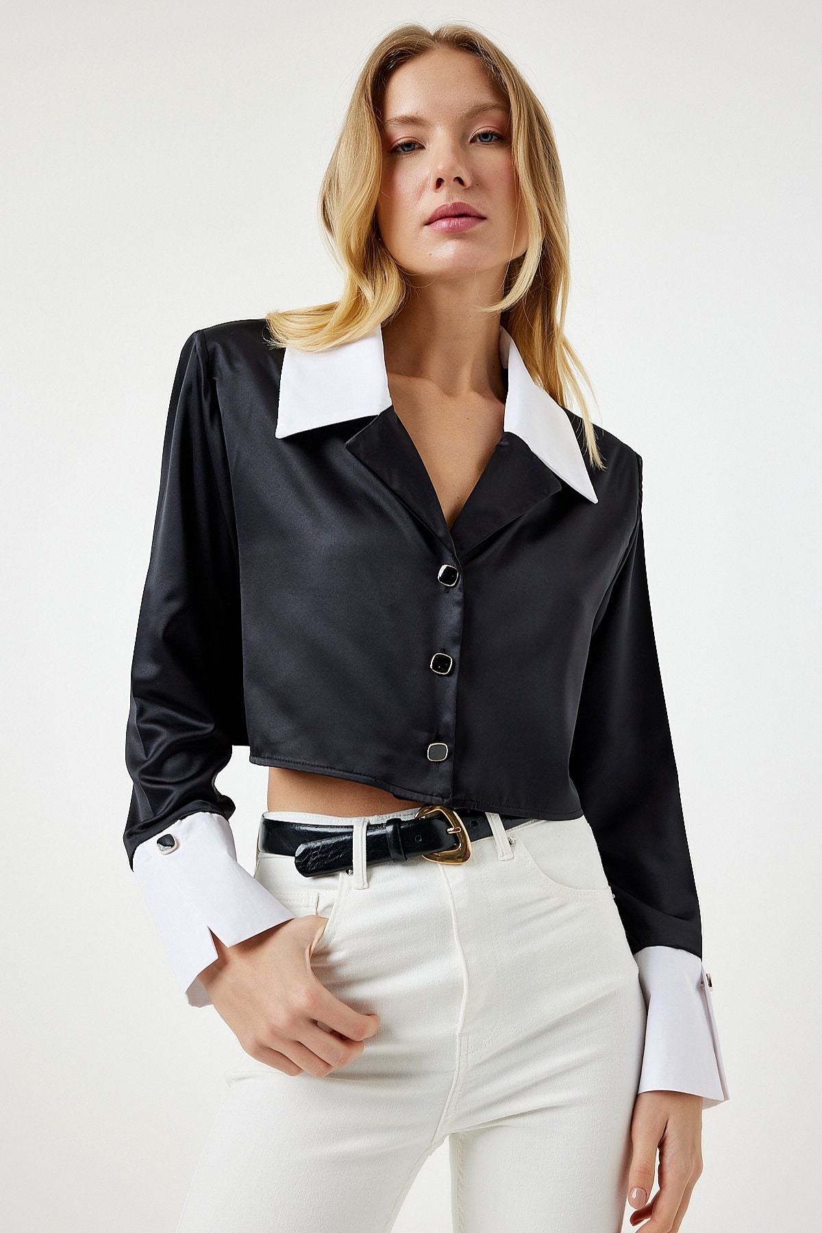 Crop Shirt with Satin Surface with Women Black Style button SF00017