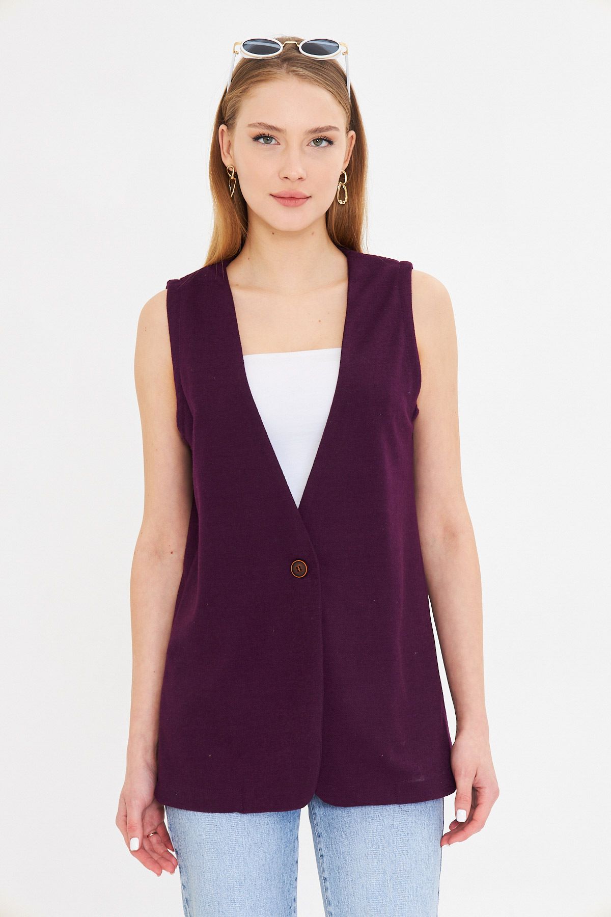 Woman Purple V-Yaka Single button Oversize Patterned Vest ARM-25K001110