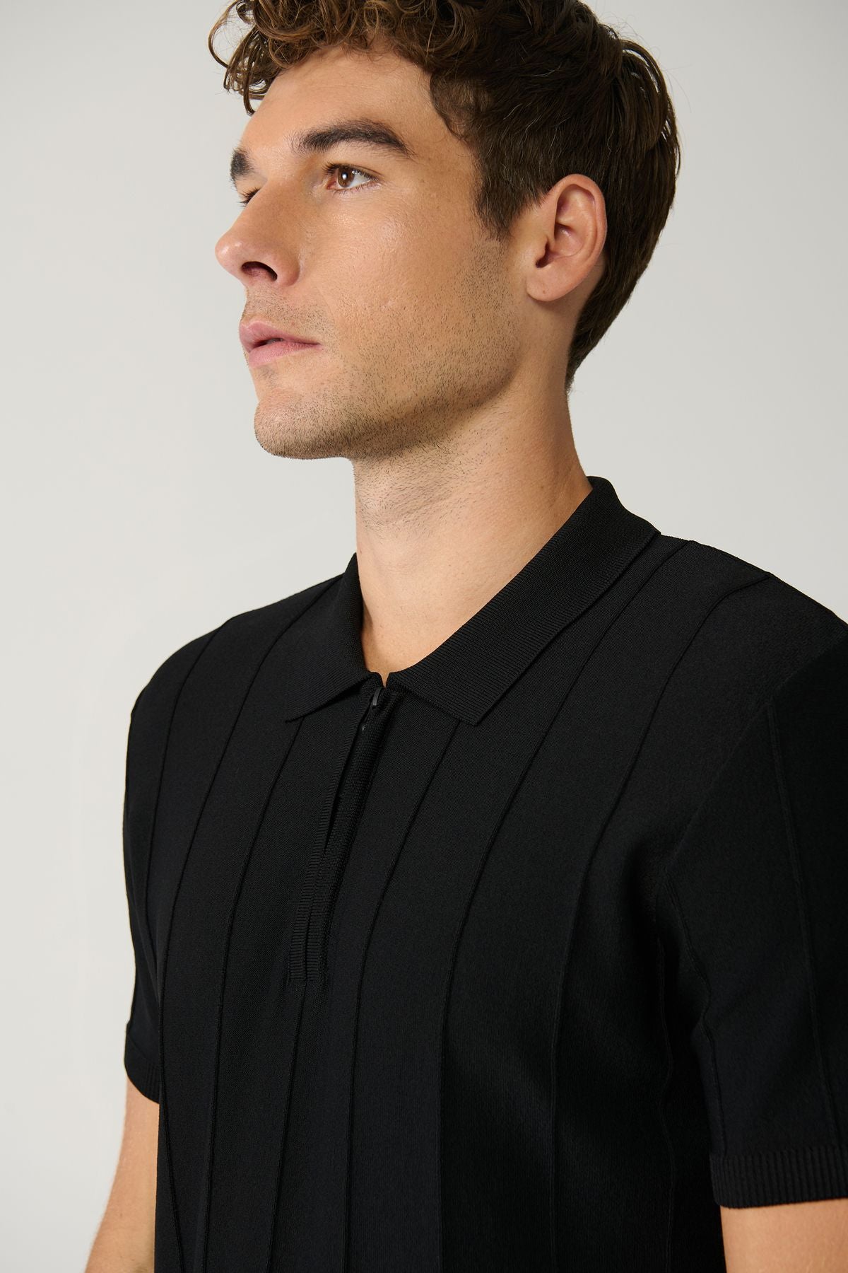 Men's black zipper rayon wick braided Polo collar knitwear T-shirt A41y5073